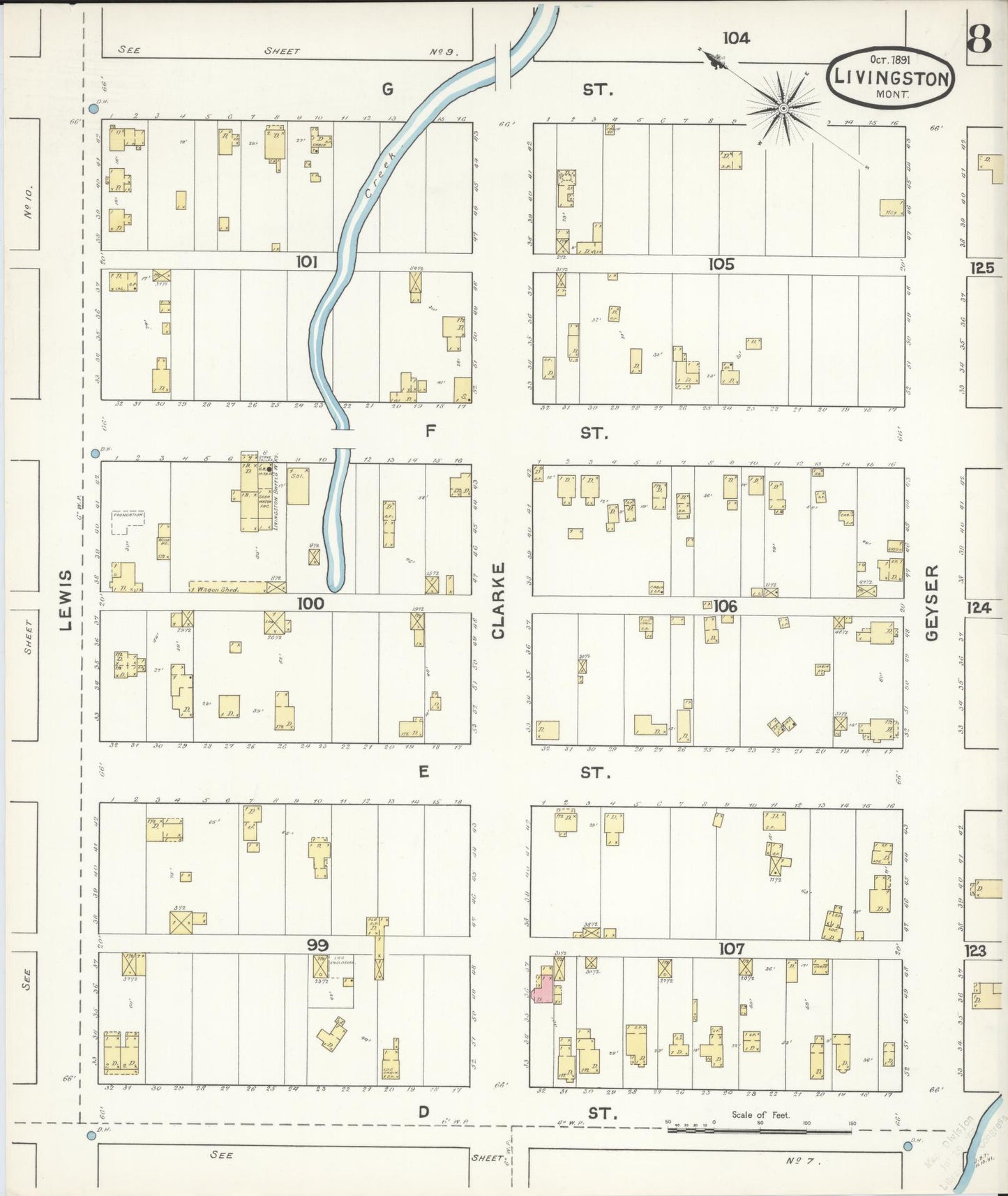 Sanborn Fire Insurance Map from Livingston, Park County, Montana (1891), Sheet #0008 - Historic Sanborn Fire Insurance Map Print, vintage old map wall art, antique decor, genealogy gift, Montana Montana map