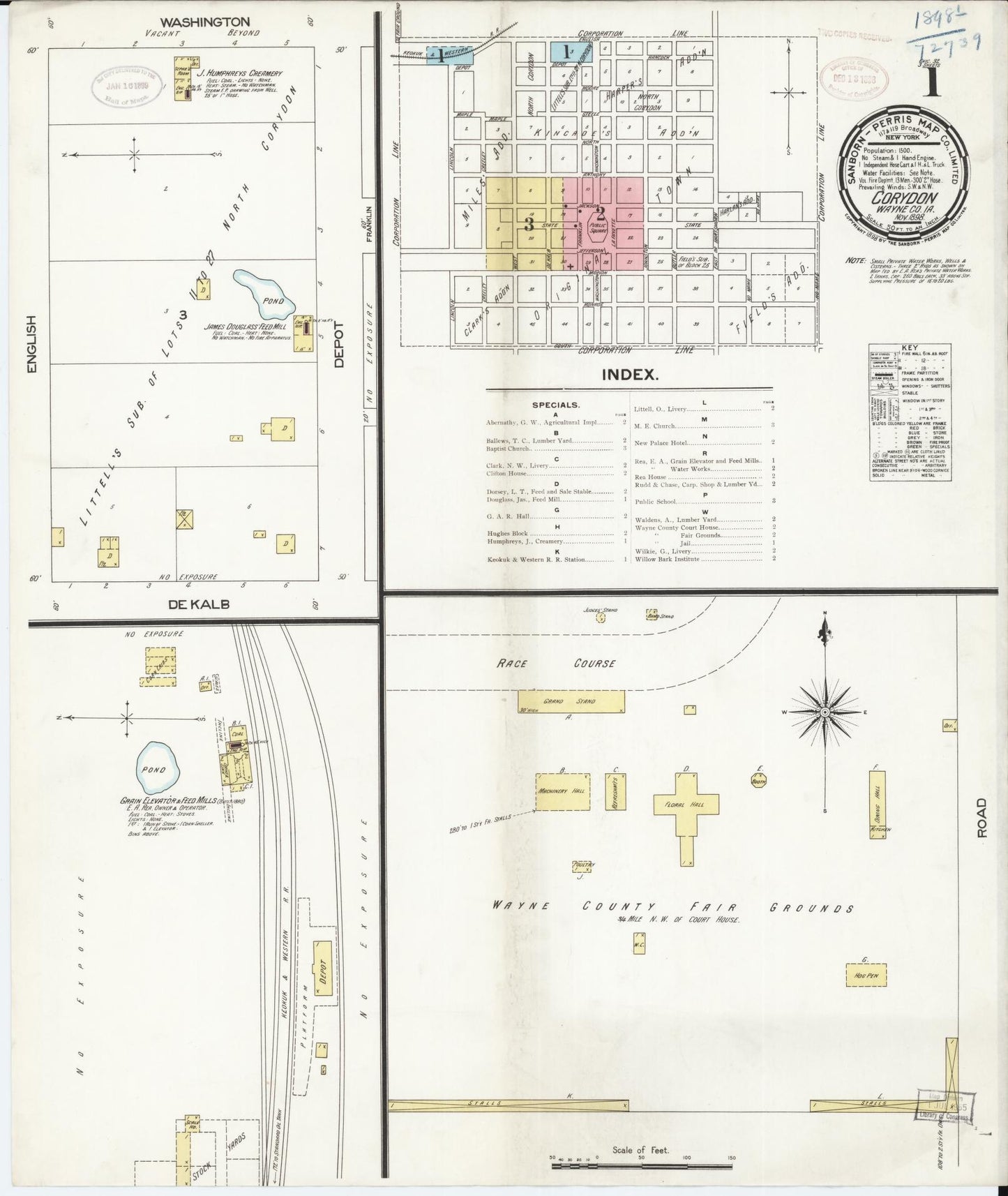 Sanborn Fire Insurance Map from Corydon, Wayne County, Iowa (1898), Sheet #0001 - Historic Sanborn Fire Insurance Map Print, vintage old map wall art