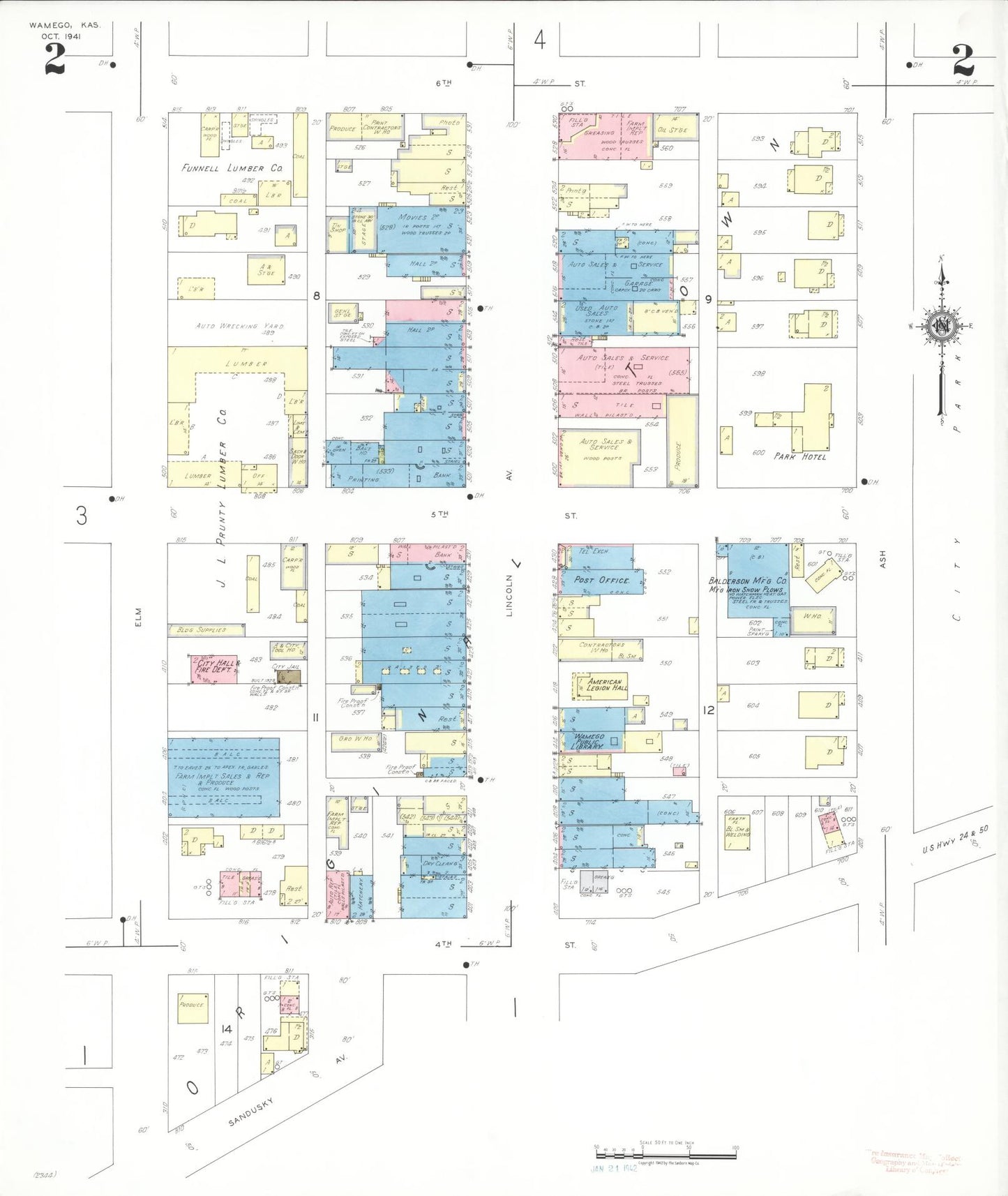 Sanborn Fire Insurance Map from Wamego, Pottawatomie County, Kansas (1941), Sheet #0002 - Historic Sanborn Fire Insurance Map Print, vintage old map wall art, antique decor, genealogy gift, Kansas Kansas map