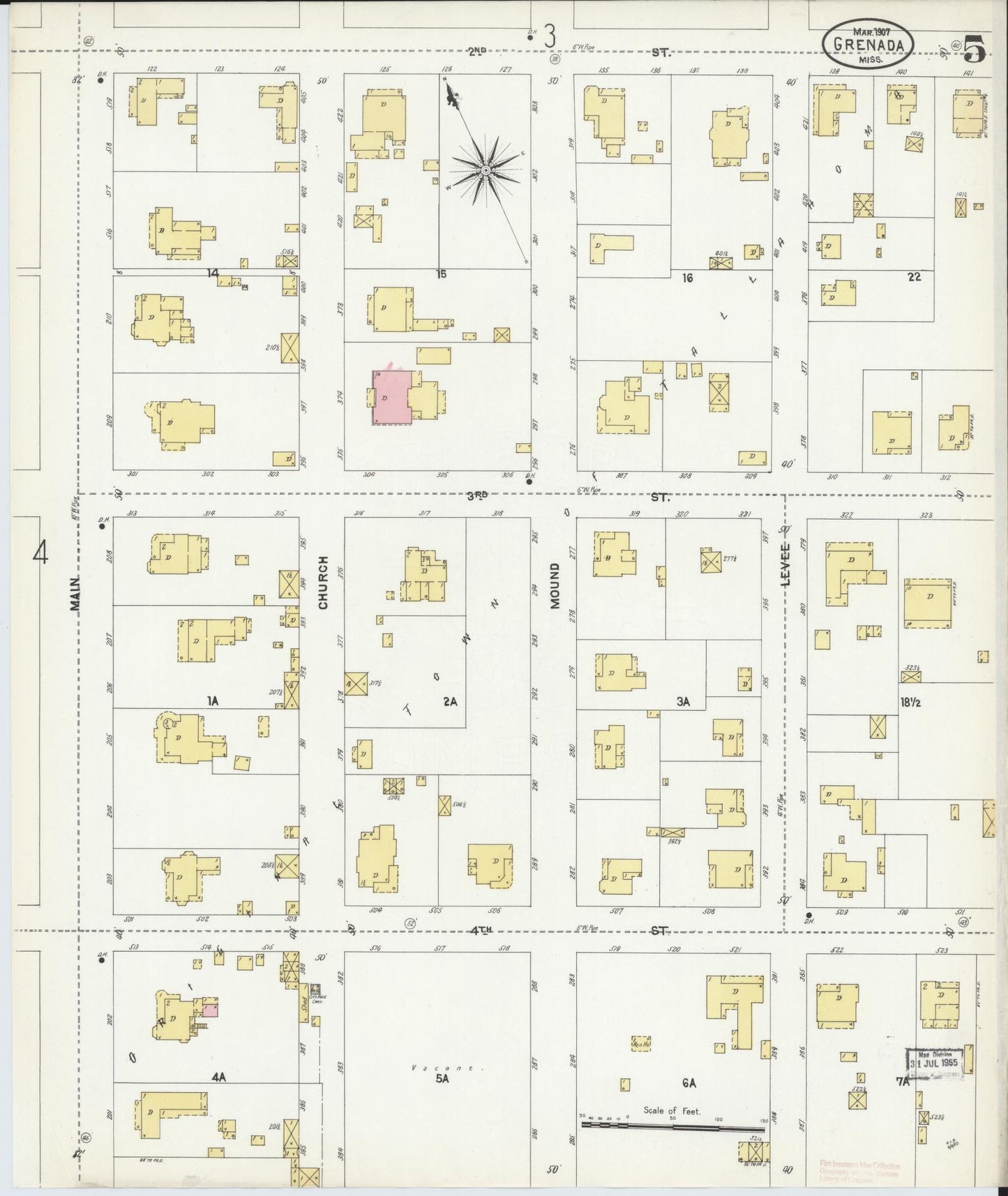 Sanborn Fire Insurance Map from Grenada, Grenada County, Mississippi (1907), Sheet #0005 - Historic Sanborn Fire Insurance Map Print, vintage old map wall art, antique decor, genealogy gift, Mississippi Mississippi map