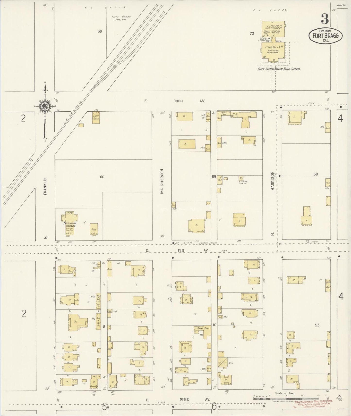 Sanborn Fire Insurance Map from Fort Bragg, Mendocino County, California (1919), Sheet #0003 - Historic Sanborn Fire Insurance Map Print, vintage old map wall art, antique decor, genealogy gift, California California map