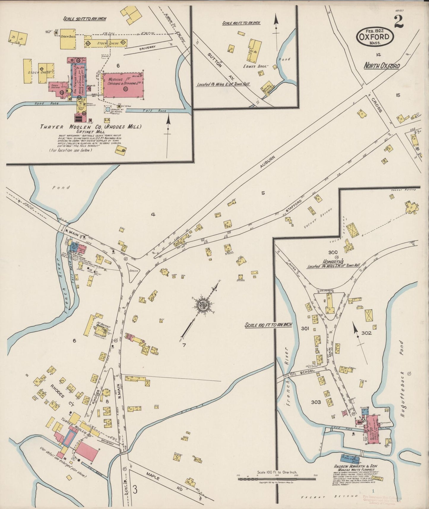 Sanborn Fire Insurance Map from Oxford, Worcester County, Massachusetts (1922), Sheet #0002 - Historic Sanborn Fire Insurance Map Print, vintage old map wall art, antique decor, genealogy gift, Massachusetts Massachusetts map