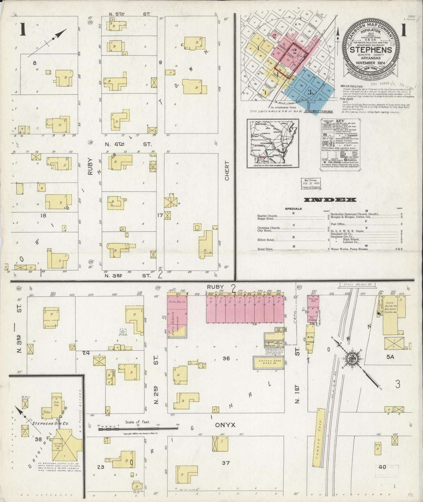 Sanborn Fire Insurance Map from Stephens, Ouachita County, Arkansas (1924), Sheet #0001 - Historic Sanborn Fire Insurance Map Print, vintage old map wall art, antique decor, genealogy gift, Arkansas Arkansas map