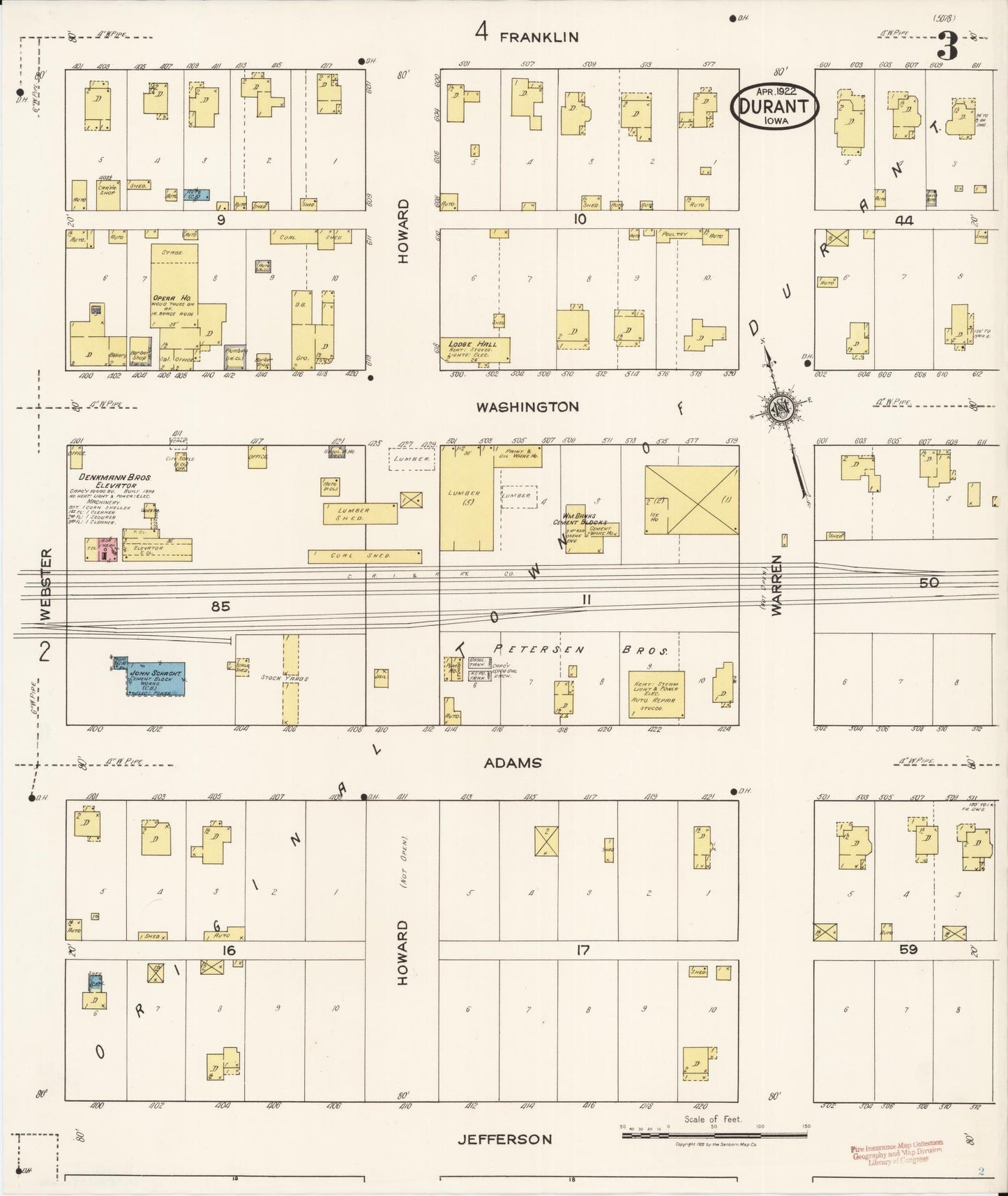 Sanborn Fire Insurance Map from Durant, Cedar County, Iowa (1922), Sheet #0003 - Historic Sanborn Fire Insurance Map Print, vintage old map wall art