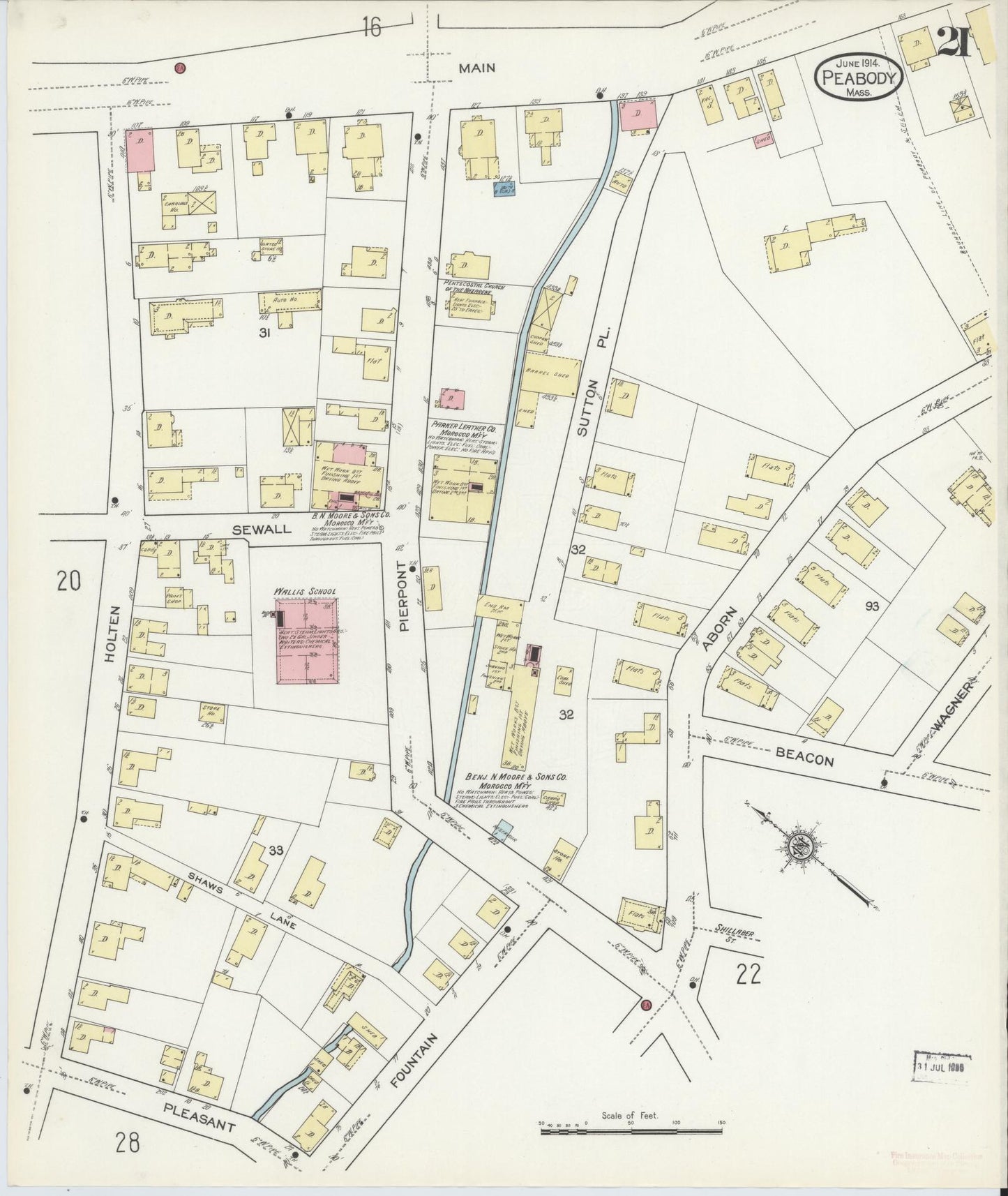 Sanborn Fire Insurance Map from Peabody, Essex County, Massachusetts (1914), Sheet #0021 - Historic Sanborn Fire Insurance Map Print, vintage old map wall art, antique decor, genealogy gift, Massachusetts Massachusetts map