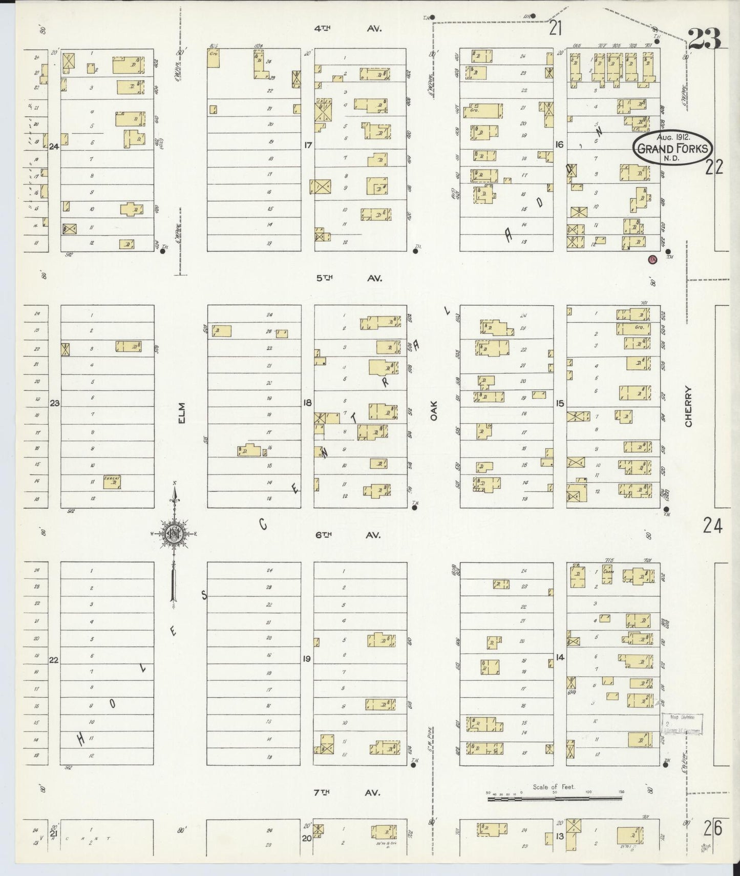 Sanborn Fire Insurance Map from Grand Forks, Grand Forks County, North Dakota (1912), Sheet #0023 - Historic Sanborn Fire Insurance Map Print, vintage old map wall art, antique decor, genealogy gift, North Dakota North Dakota map