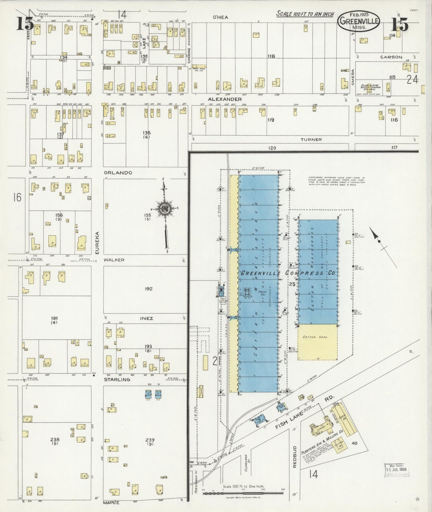 Sanborn Fire Insurance Map from Greenville, Washington County, Mississippi (1925), Sheet #0015 - Historic Sanborn Fire Insurance Map Print, vintage old map wall art, antique decor, genealogy gift, Mississippi Mississippi map