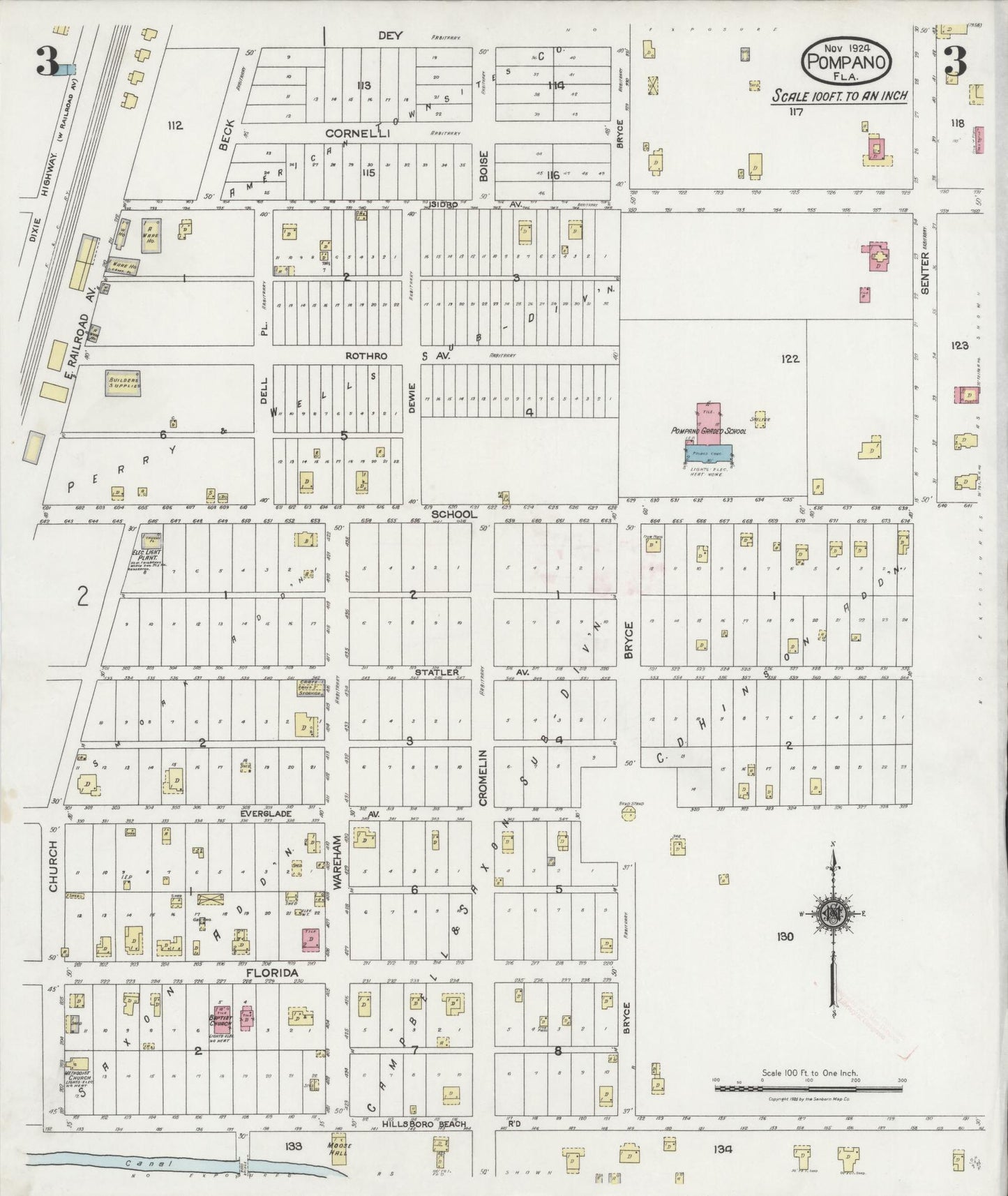 Sanborn Fire Insurance Map from Pompano, Broward County, Florida (1924), Sheet #0003 - Historic Sanborn Fire Insurance Map Print, vintage old map wall art, antique decor, genealogy gift, Florida Florida map