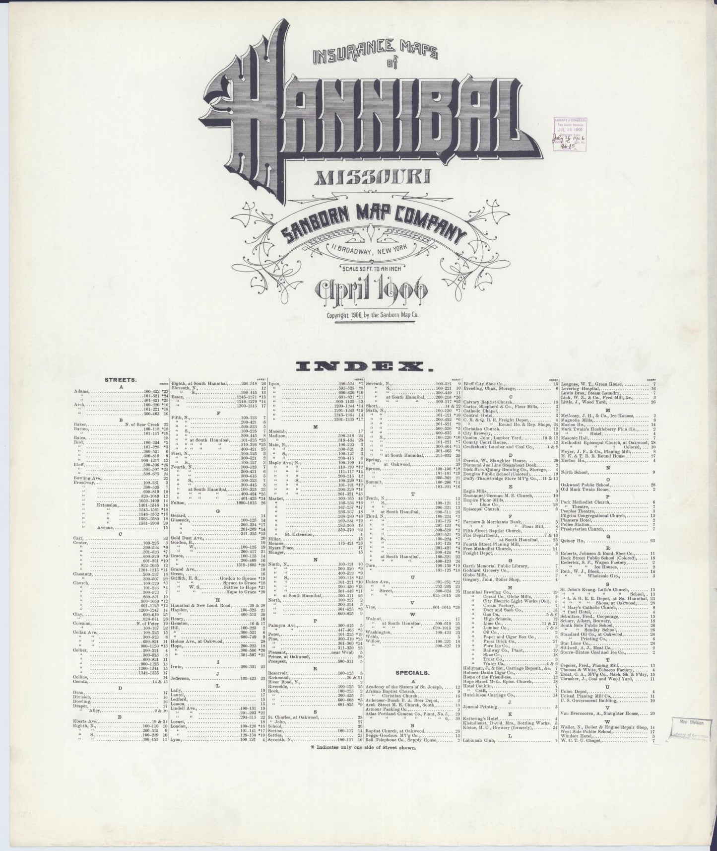 Sanborn Fire Insurance Map from Hannibal, Marion County, Missouri. (1906) – Historic Sanborn Fire Insurance Map Print