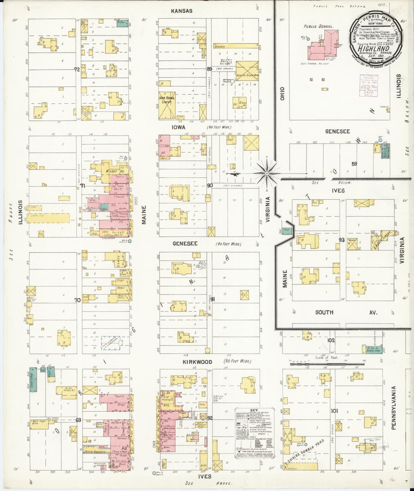 Sanborn Fire Insurance Map from Highland, Doniphan County, Kansas (1901), Sheet #0001 - Historic Sanborn Fire Insurance Map Print, vintage old map wall art, antique decor, genealogy gift, Kansas Kansas map