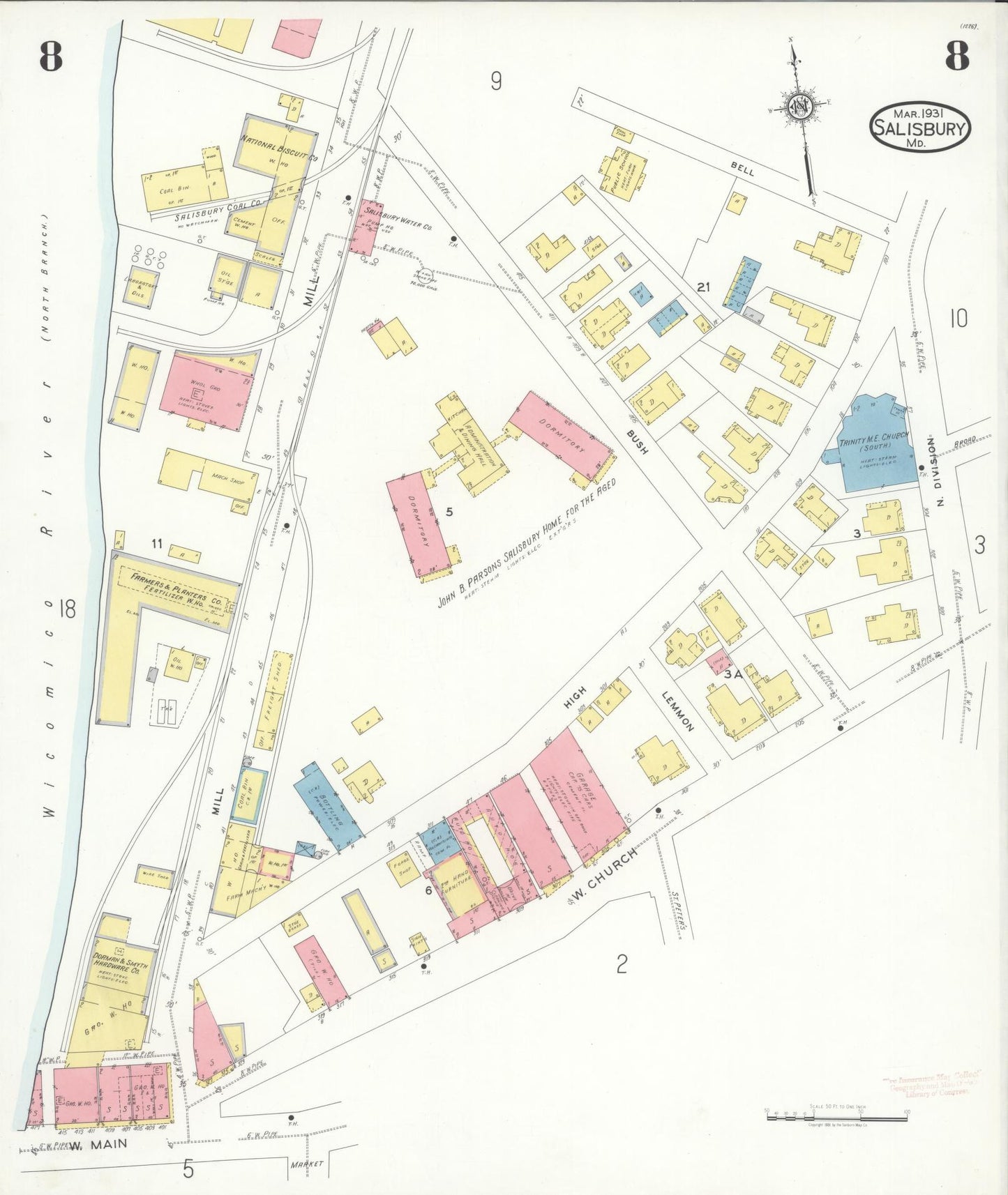 Sanborn Fire Insurance Map from Salisbury, Wicomico County, Maryland (1931), Sheet #0008 - Historic Sanborn Fire Insurance Map Print, vintage old map wall art
