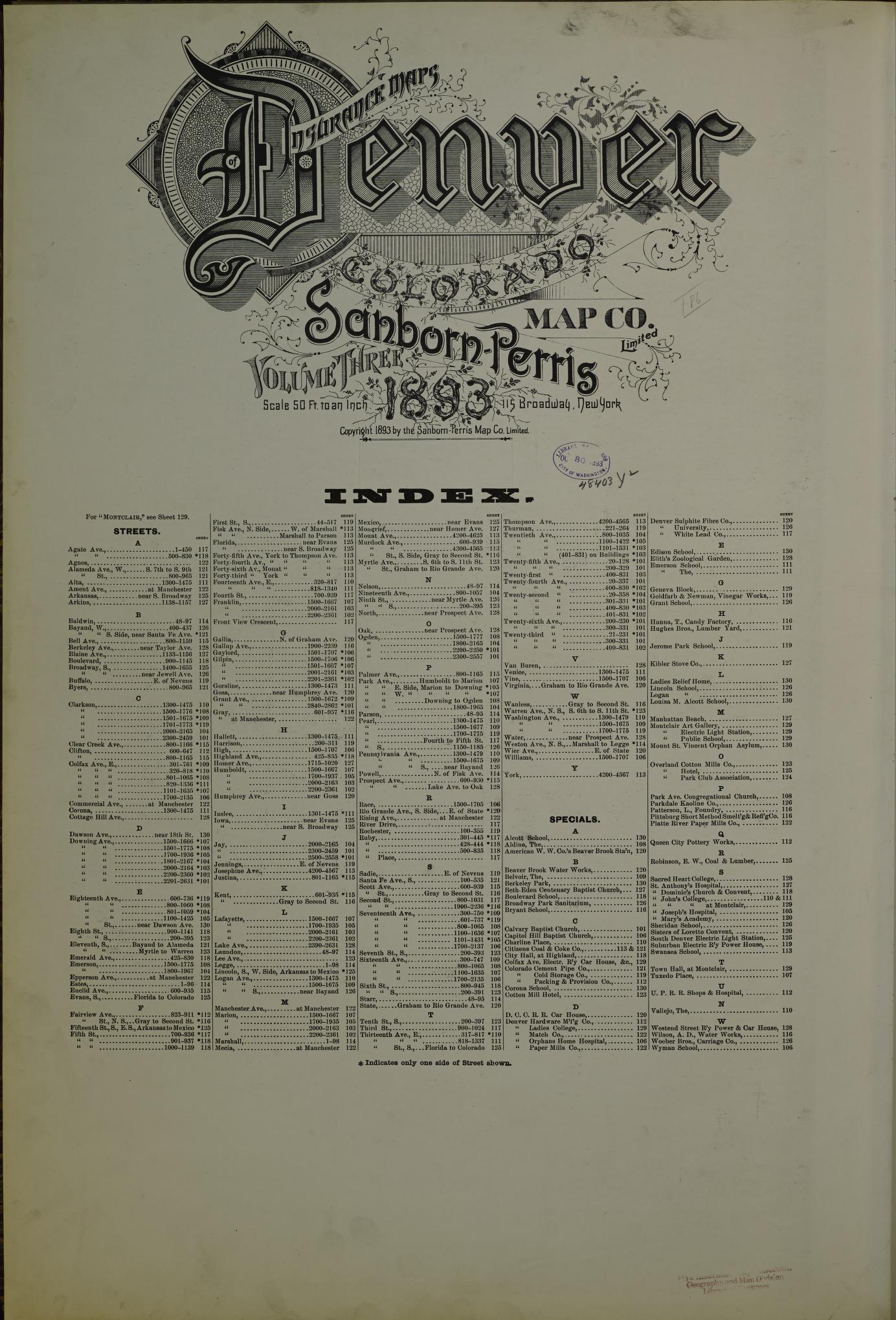 Sanborn Fire Insurance Map from Denver, Denver County, Colorado (1893), Sheet #0001 - Historic Sanborn Fire Insurance Map Print, vintage old map wall art, antique decor, genealogy gift, Colorado Colorado map