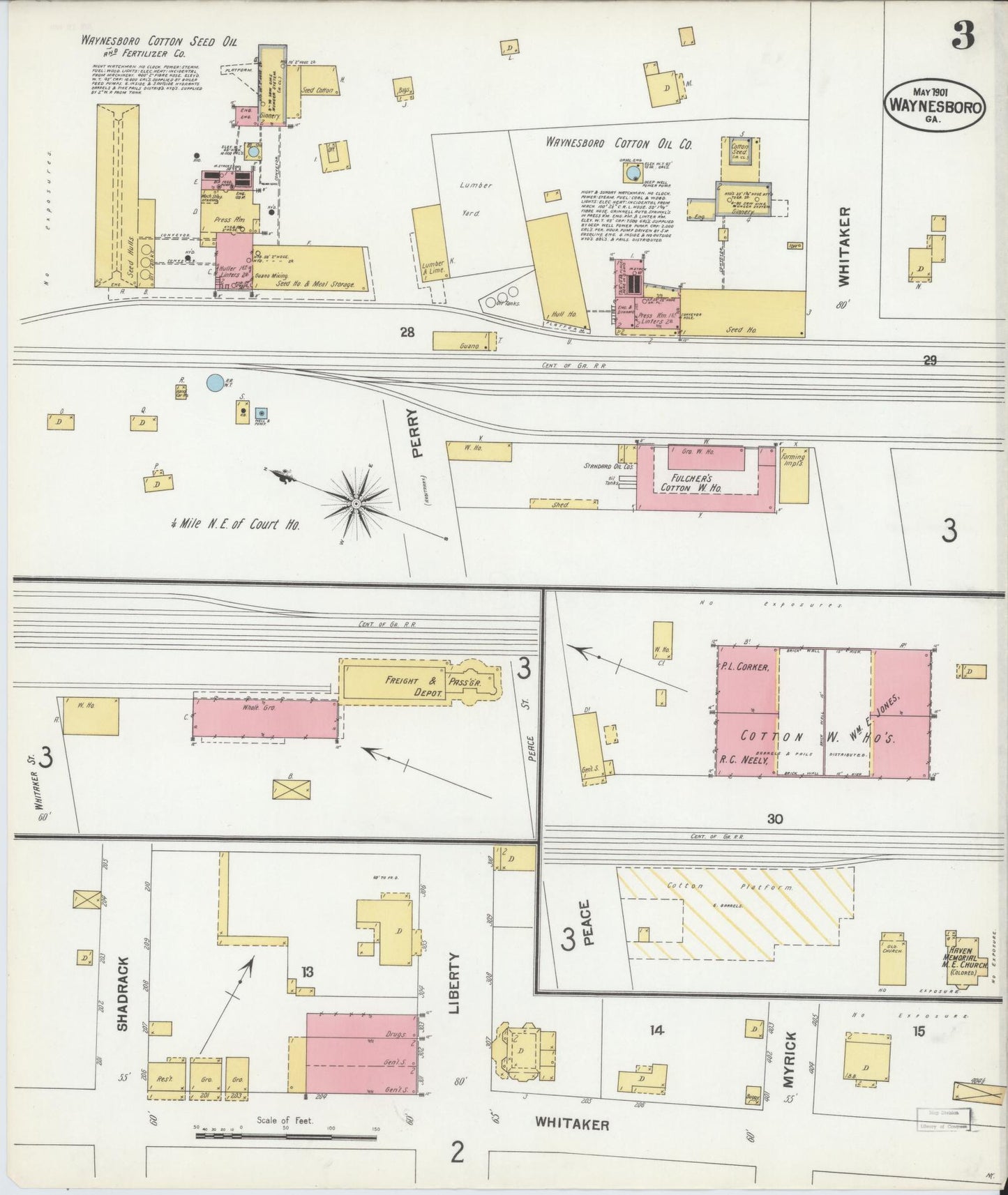 Sanborn Fire Insurance Map from Waynesboro, Burke County, Georgia (1901), Sheet #0003 - Complete Map Set gallery image, historic Sanborn map, vintage wall art, Georgia Georgia