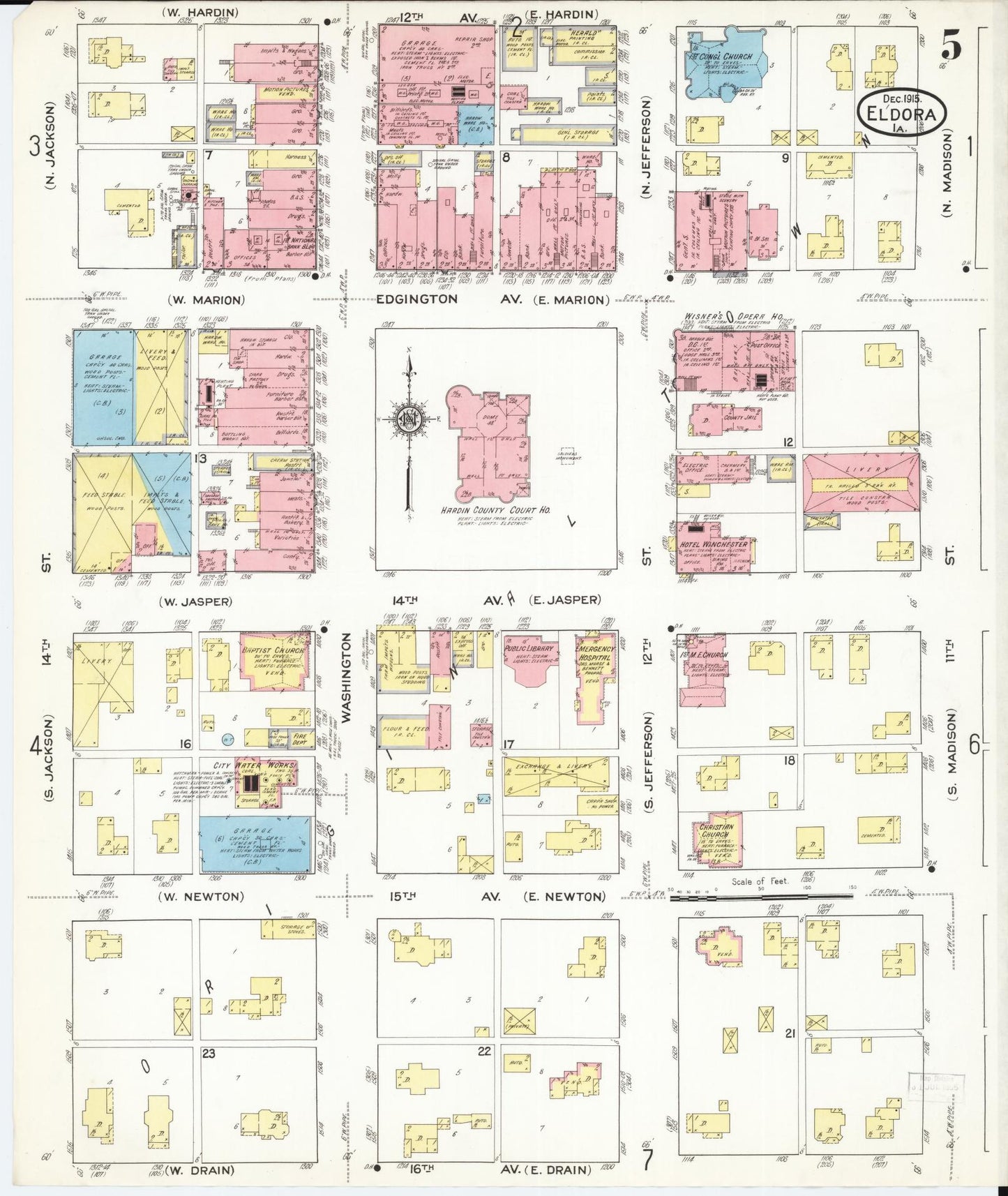 Sanborn Fire Insurance Map from Eldora, Hardin County, Iowa (1915), Sheet #0005 - Historic Sanborn Fire Insurance Map Print, vintage old map wall art