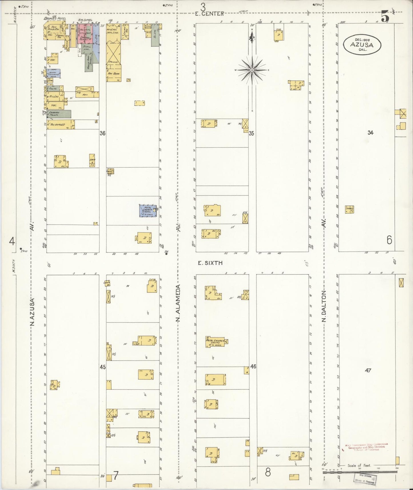 Sanborn Fire Insurance Map from Azusa, Los Angeles County, California (1906), Sheet #0005 - Historic Sanborn Fire Insurance Map Print, vintage old map wall art, antique decor, genealogy gift, California California map