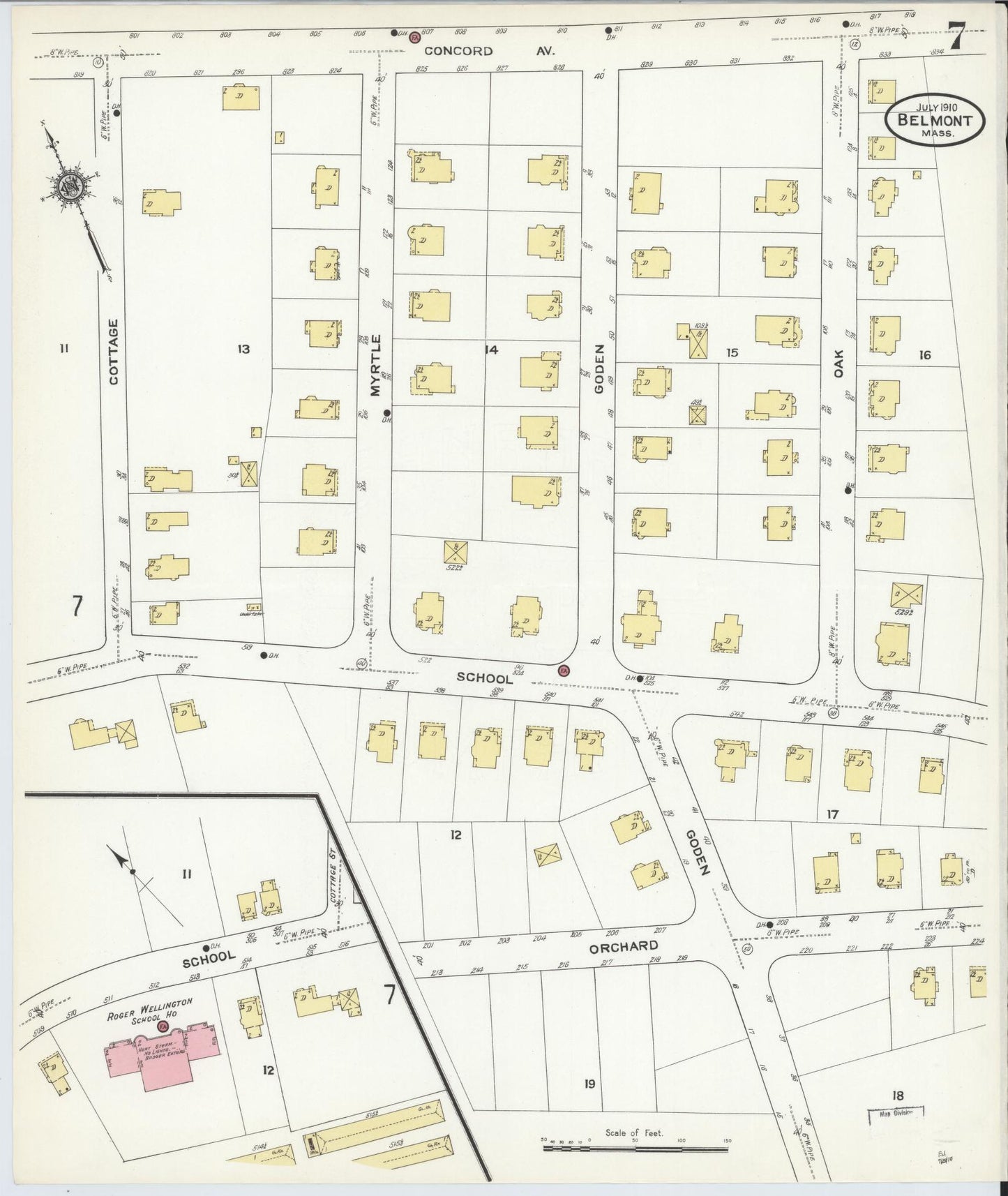 Sanborn Fire Insurance Map from Belmont, Middlesex County, Massachusetts (1910), Sheet #0007 - Historic Sanborn Fire Insurance Map Print, vintage old map wall art, antique decor, genealogy gift, Massachusetts Massachusetts map