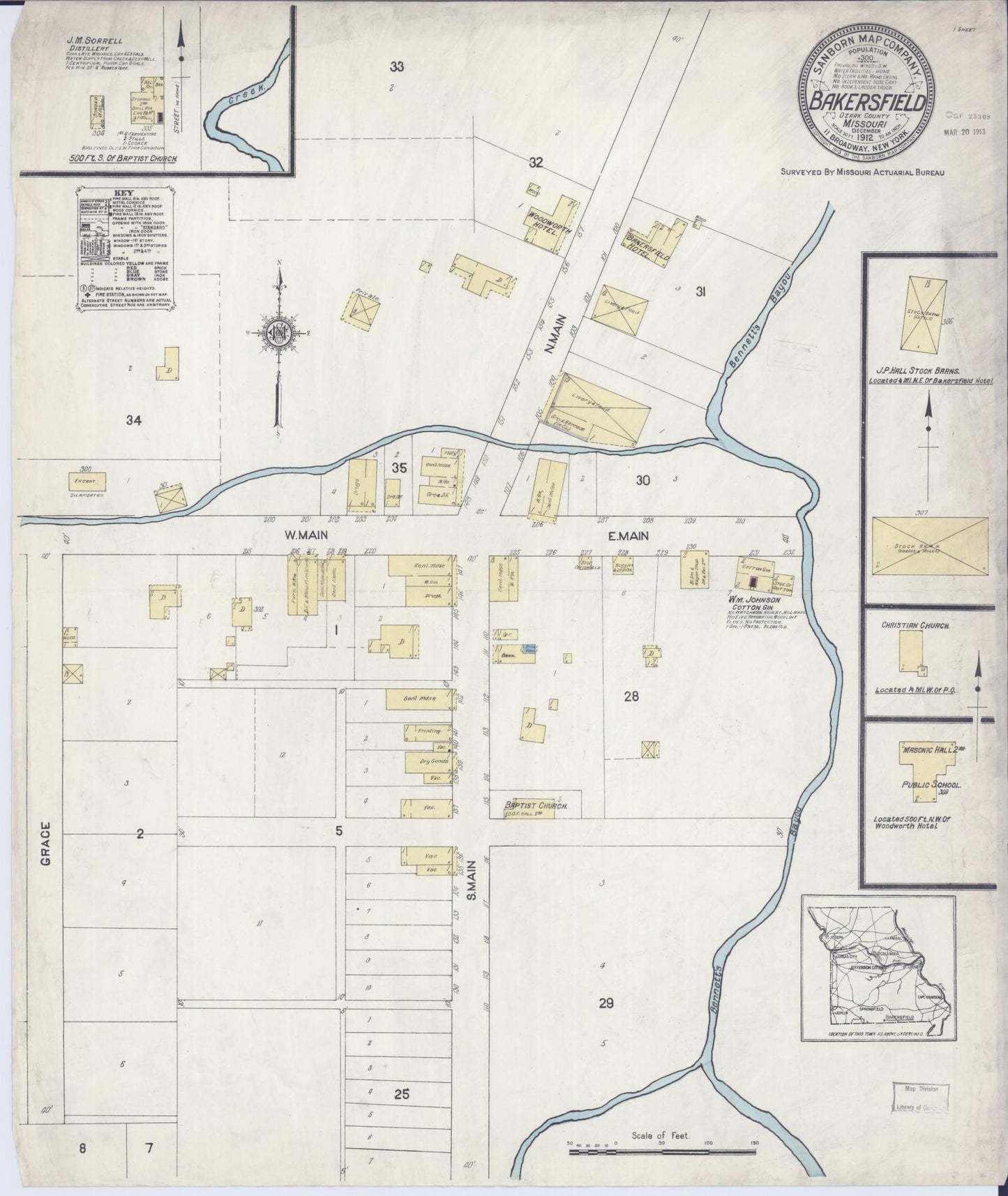 Sanborn Fire Insurance Map from Bakersfield, Ozark County, Missouri (1912), Sheet #0001 - Historic Sanborn Fire Insurance Map Print, vintage old map wall art, antique decor, genealogy gift, Missouri Missouri map