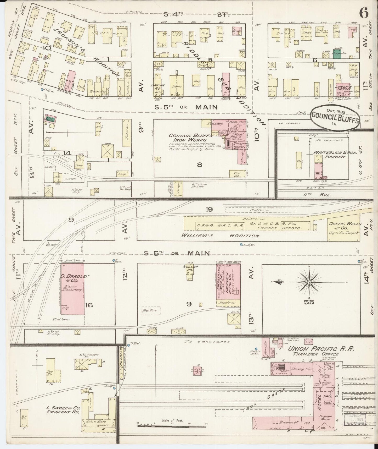 Sanborn Fire Insurance Map from Council Bluffs, Pottawattamie County, Iowa (1885), Sheet #0006 - Historic Sanborn Fire Insurance Map Print, vintage old map wall art