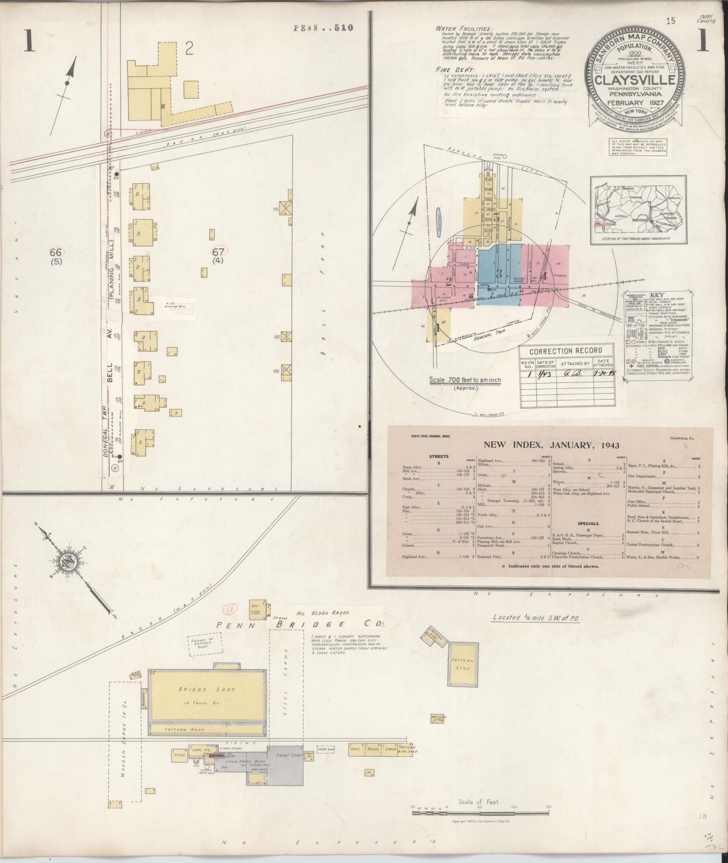 Sanborn Fire Insurance Map from Claysville, Washington County, Pennsylvania (1943), Sheet #0001 - Historic Sanborn Fire Insurance Map Print, vintage old map wall art, antique decor, genealogy gift, Pennsylvania Pennsylvania map