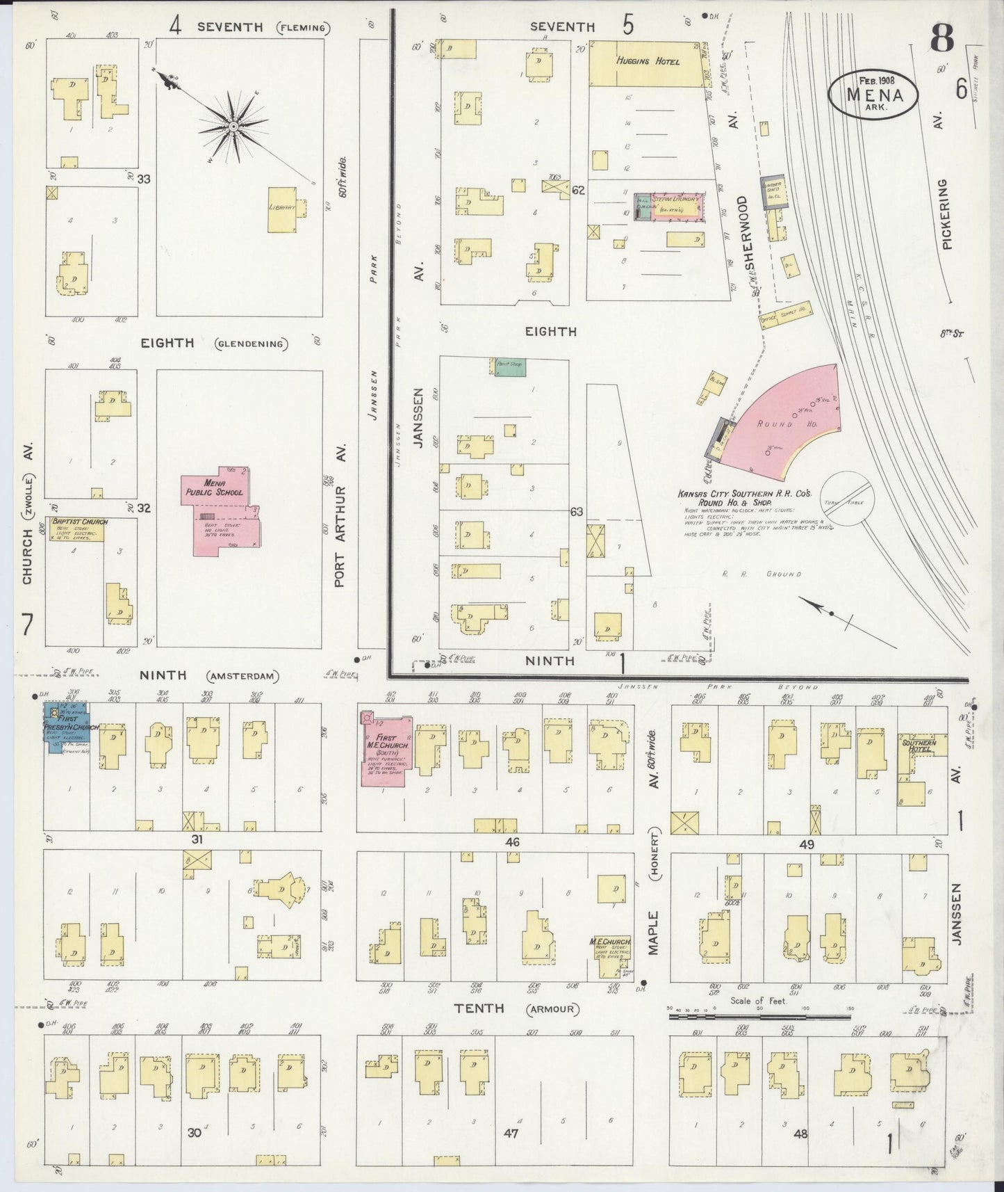 Sanborn Fire Insurance Map from Mena, Polk County, Arkansas (1908), Sheet #0008 - Historic Sanborn Fire Insurance Map Print, vintage old map wall art, antique decor, genealogy gift, Arkansas Arkansas map