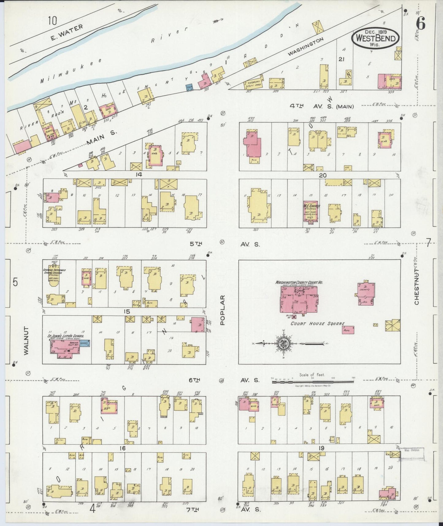 Sanborn Fire Insurance Map from West Bend, Washington County, Wisconsin (1919), Sheet #0006 - Historic Sanborn Fire Insurance Map Print, vintage old map wall art, antique decor, genealogy gift, Wisconsin Wisconsin map