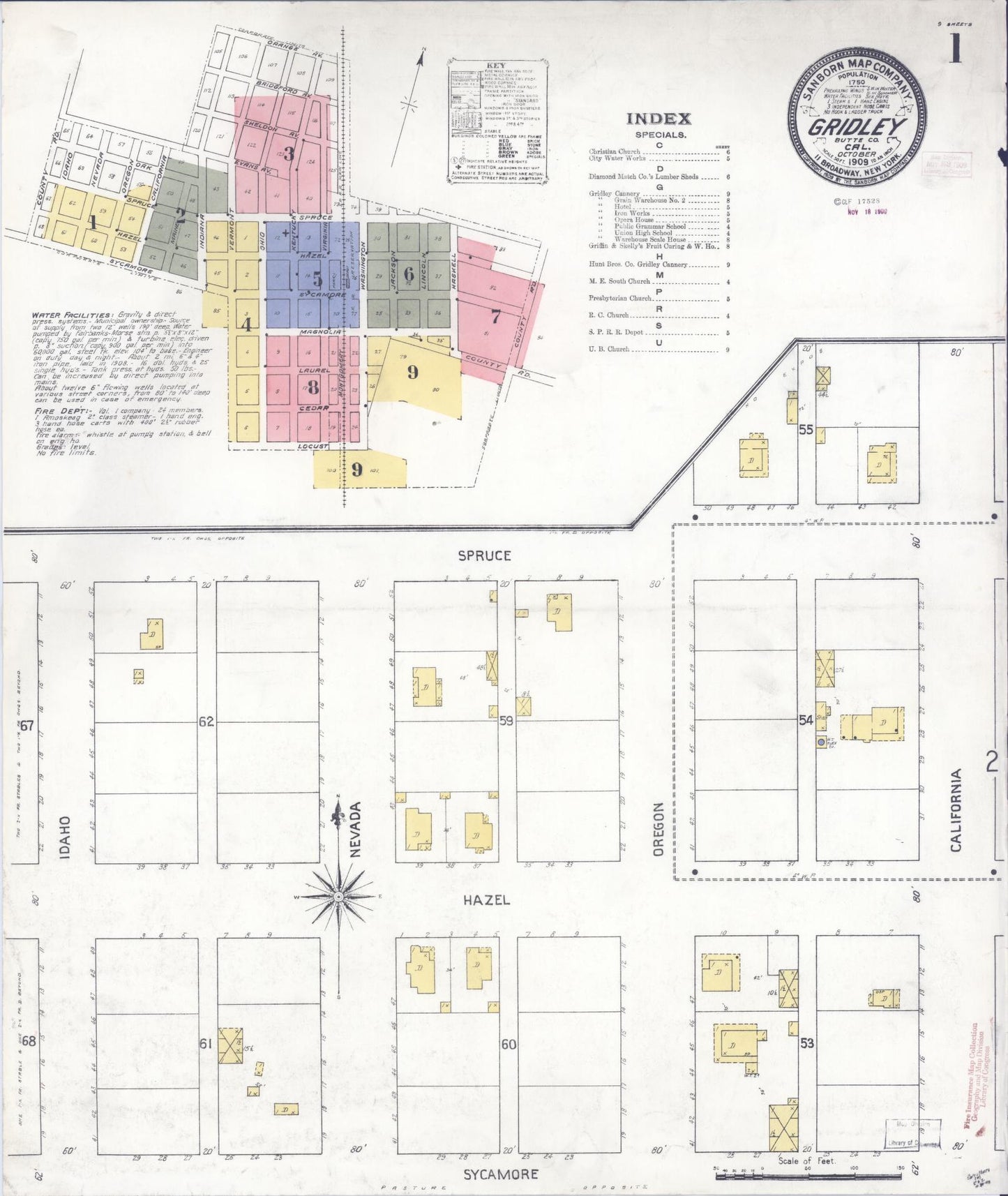 Sanborn Fire Insurance Map from Gridley, Butte County, California (1909), Sheet #0001 - Historic Sanborn Fire Insurance Map Print, vintage old map wall art, antique decor, genealogy gift, California California map