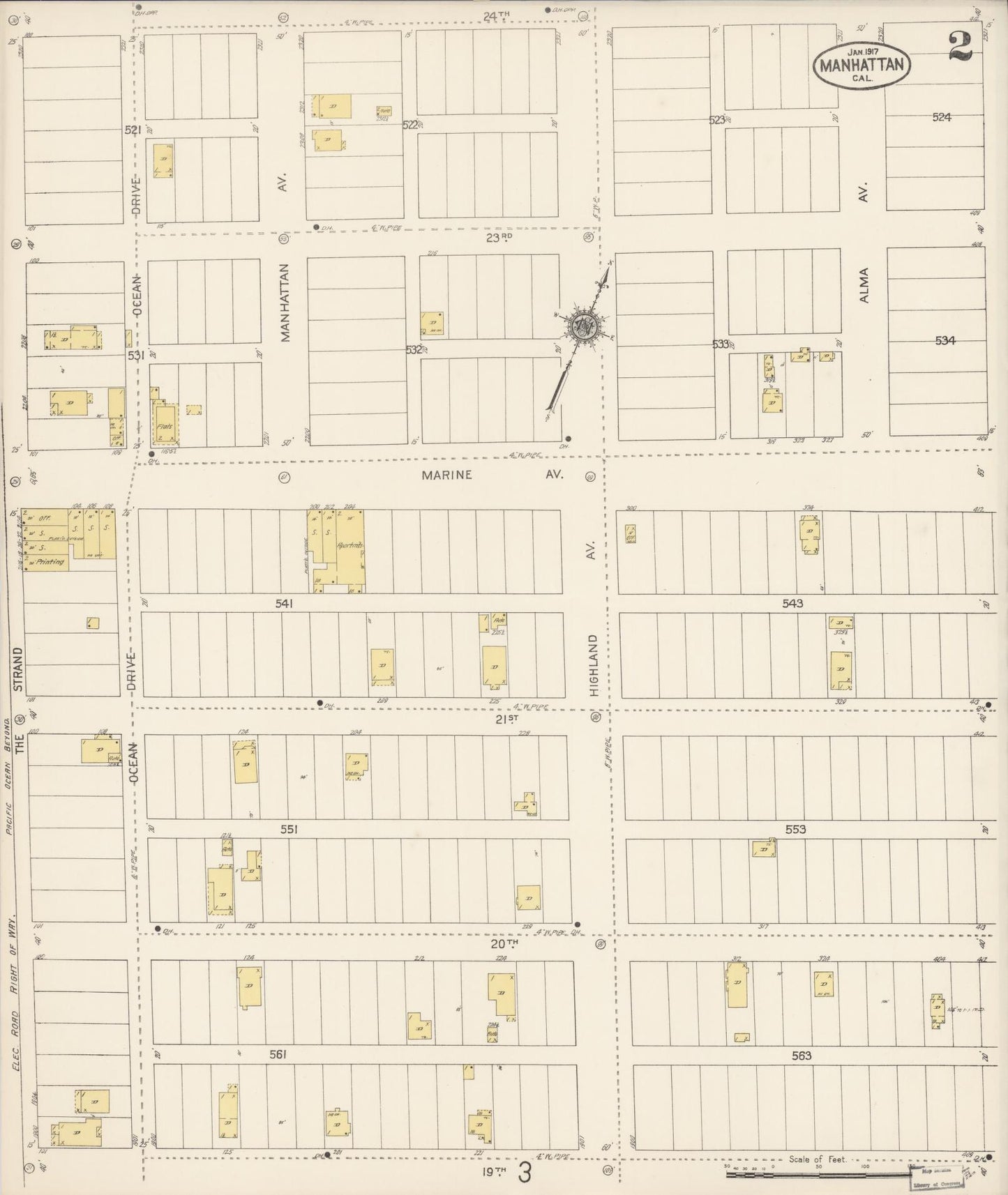 Sanborn Fire Insurance Map from Manhattan Beach, Los Angeles County, California (1917), Sheet #0002 - Historic Sanborn Fire Insurance Map Print, vintage old map wall art, antique decor, genealogy gift, California California map