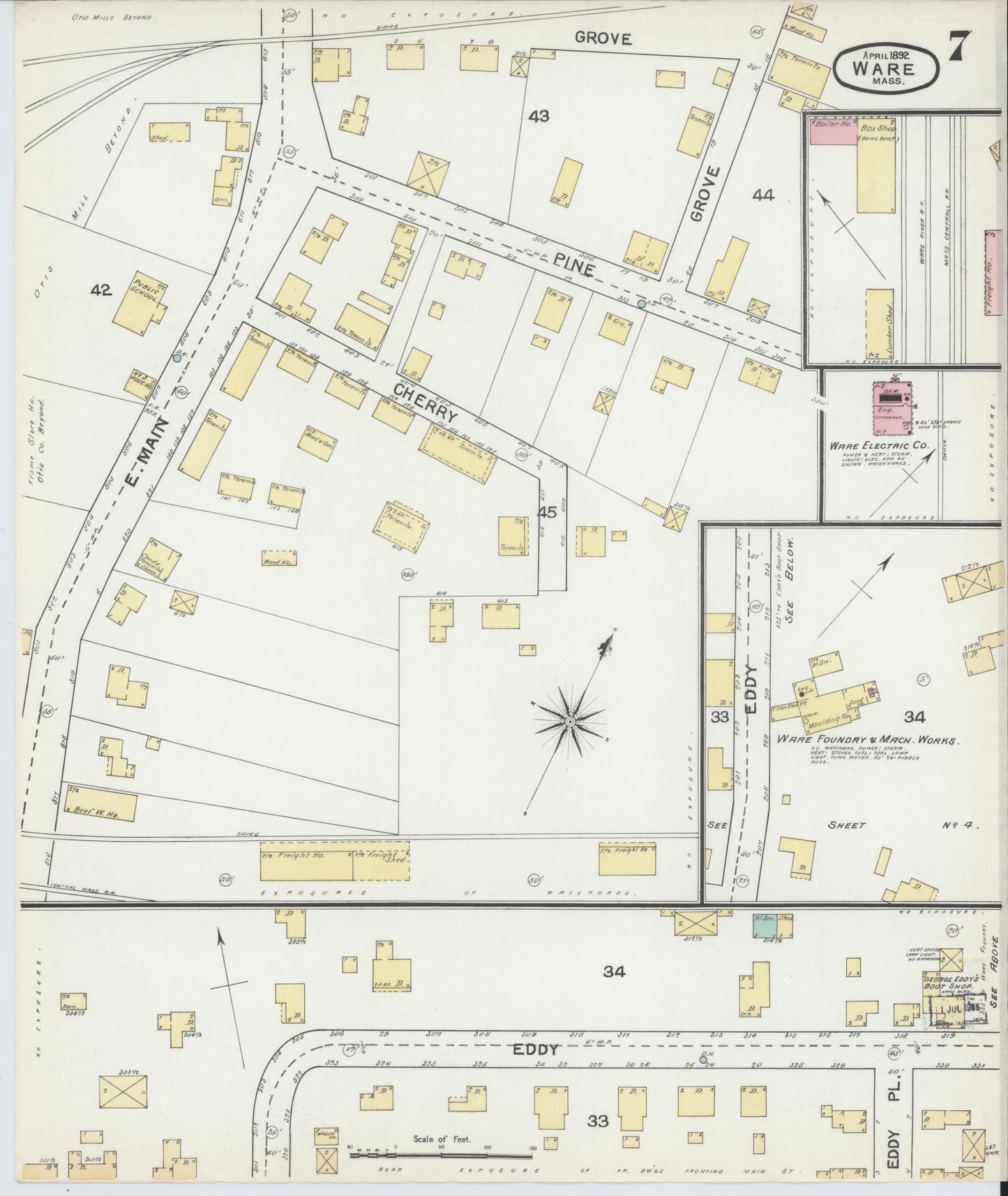 Sanborn Fire Insurance Map from Ware, Hampshire County, Massachusetts (1892), Sheet #0007 - Complete Map Set gallery image, historic Sanborn map, vintage wall art, Massachusetts Massachusetts
