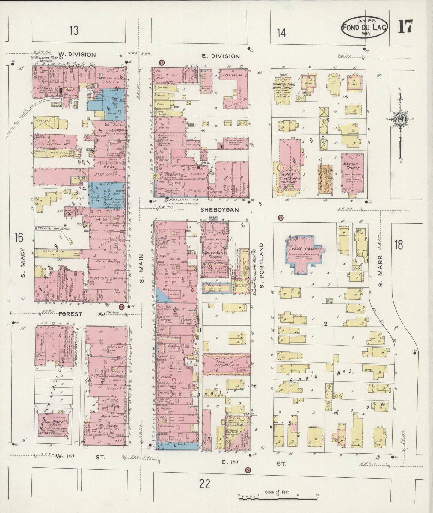 Sanborn Fire Insurance Map from Fond du Lac, Fond du Lac County, Wisconsin (1915), Sheet #0017 - Historic Sanborn Fire Insurance Map Print, vintage old map wall art, antique decor, genealogy gift, Wisconsin Wisconsin map
