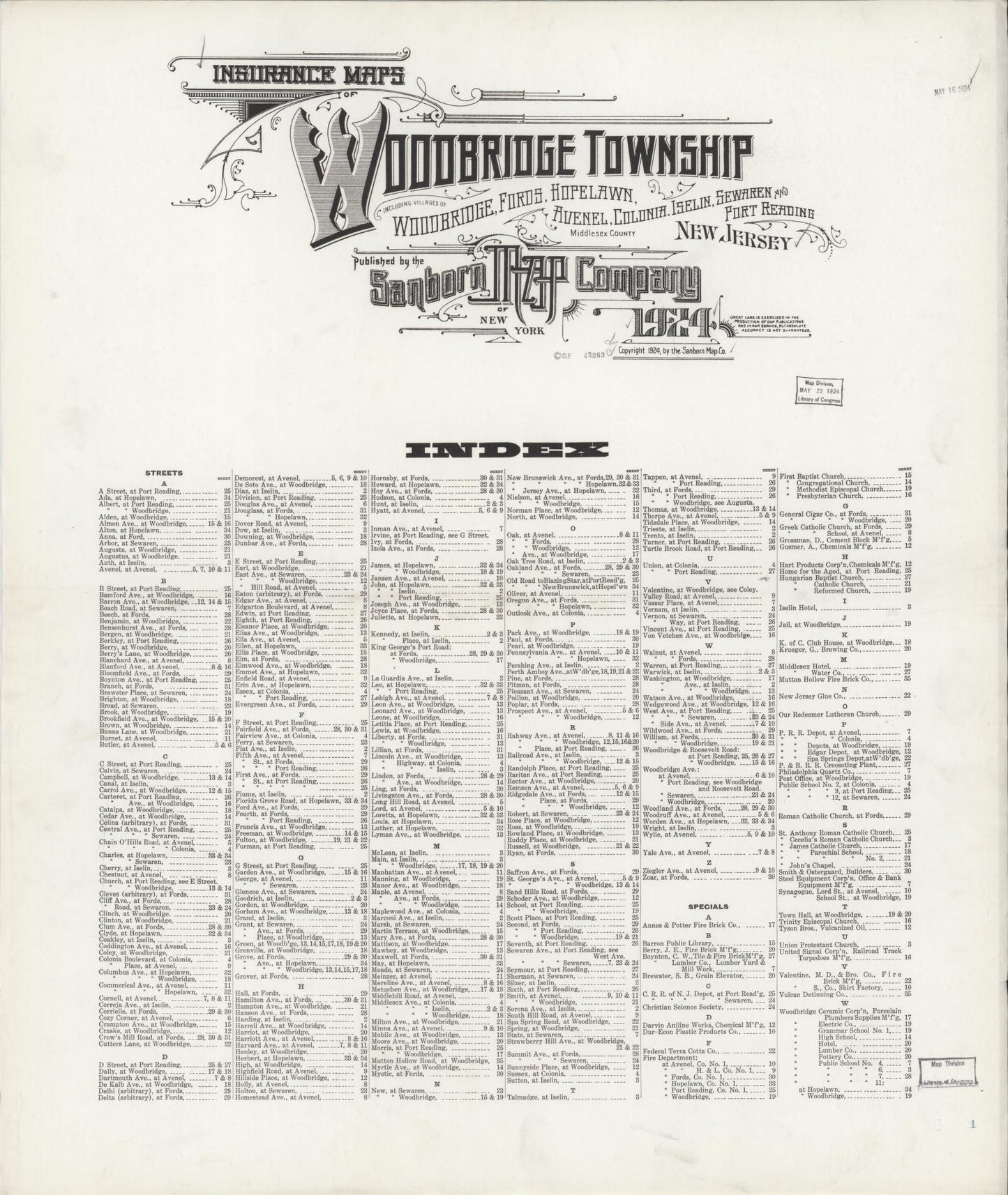 Sanborn Fire Insurance Map from Woodbridge Twp, Middlesex County, New Jersey. (1924) – Historic Sanborn Fire Insurance Map Print