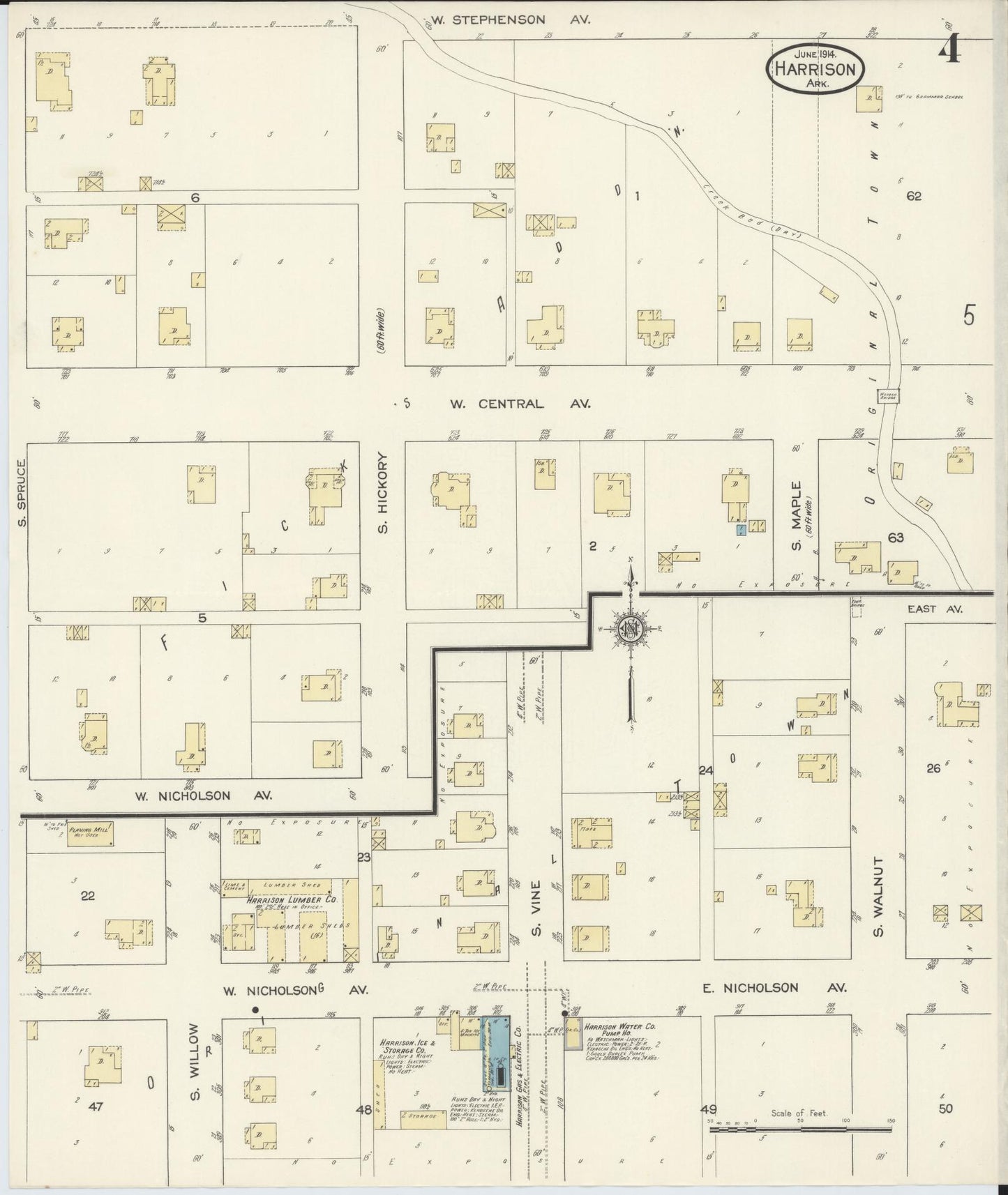 Sanborn Fire Insurance Map from Harrison, Boone County, Arkansas (1914), Sheet #0004 - Historic Sanborn Fire Insurance Map Print, vintage old map wall art, antique decor, genealogy gift, Arkansas Arkansas map