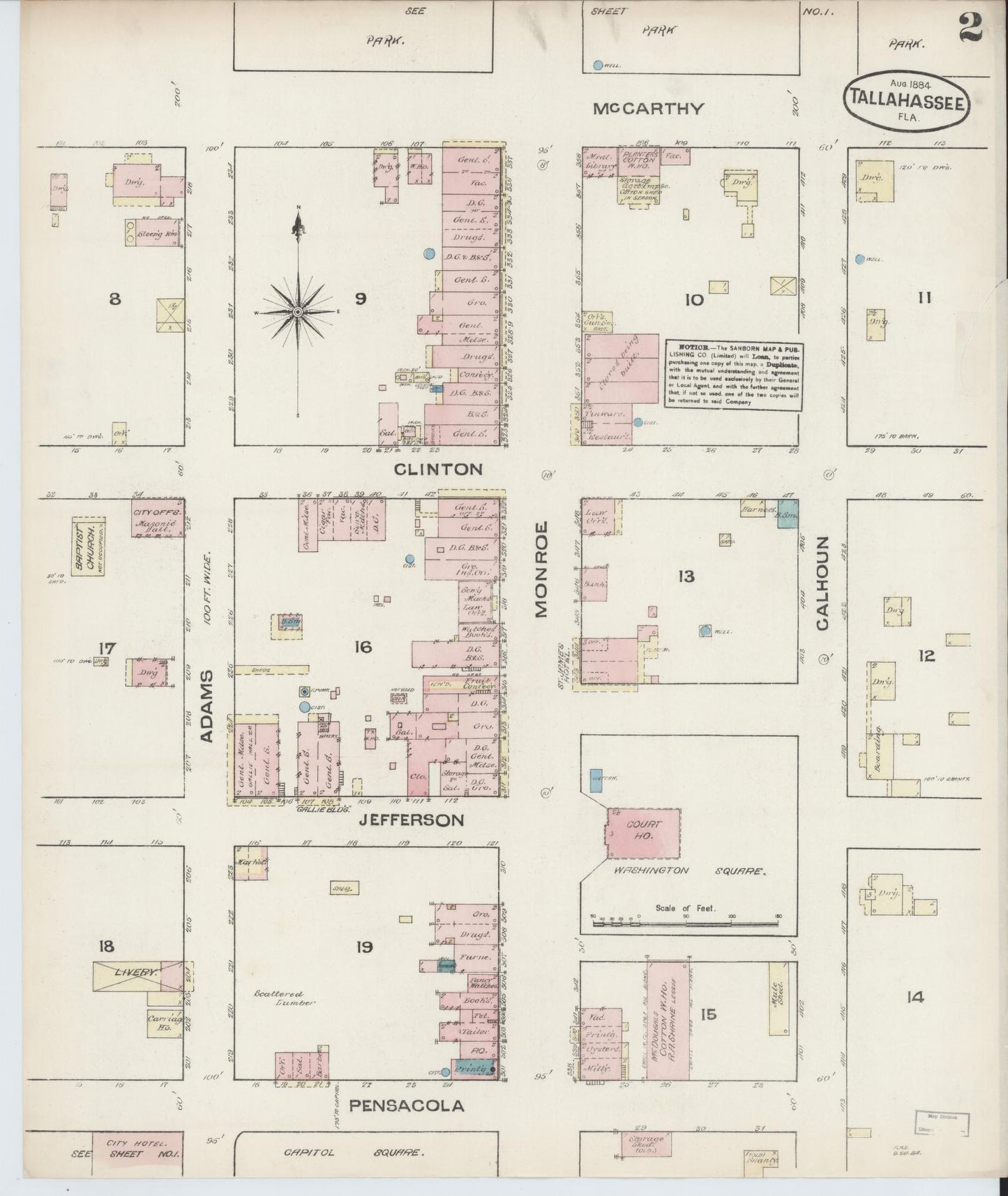Sanborn Fire Insurance Map from Tallahassee, Leon County, Florida (1884), Sheet #0002 - Historic Sanborn Fire Insurance Map Print, vintage old map wall art, antique decor, genealogy gift, Florida Florida map