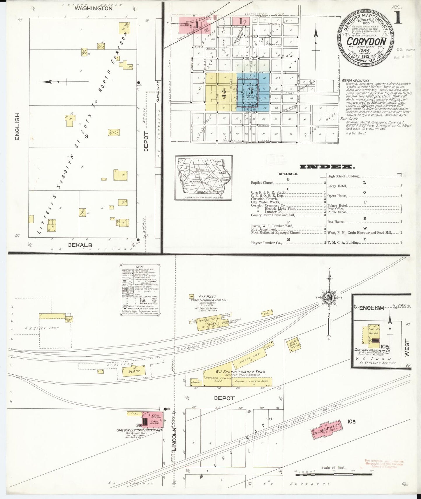 Sanborn Fire Insurance Map from Corydon, Wayne County, Iowa (1913), Sheet #0001 - Historic Sanborn Fire Insurance Map Print, vintage old map wall art