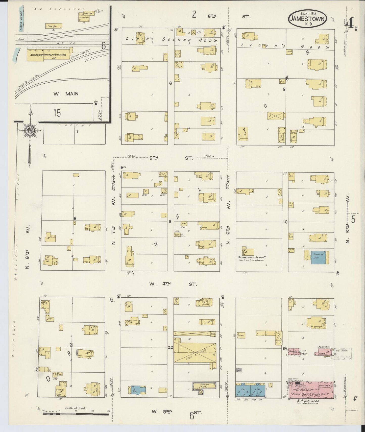 Sanborn Fire Insurance Map from Jamestown, Stutsman County, North Dakota (1913), Sheet #0004 - Historic Sanborn Fire Insurance Map Print, vintage old map wall art, antique decor, genealogy gift, North Dakota North Dakota map