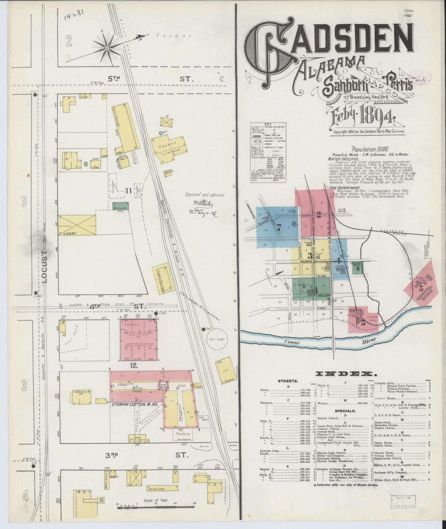 Sanborn Fire Insurance Map from Gadsden, Etowah County, Alabama (1894), Sheet #0001 - Historic Sanborn Fire Insurance Map Print, vintage old map wall art, antique decor, genealogy gift, Alabama Alabama map