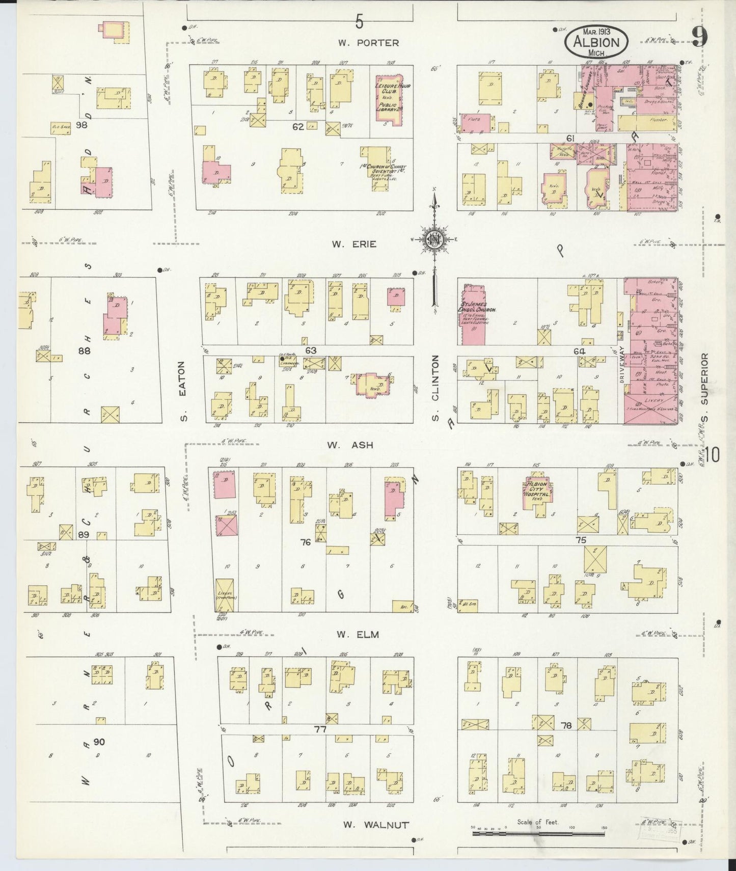 Sanborn Fire Insurance Map from Albion, Calhoun County, Michigan (1913), Sheet #0009 - Historic Sanborn Fire Insurance Map Print, vintage old map wall art, antique decor, genealogy gift, Michigan Michigan map