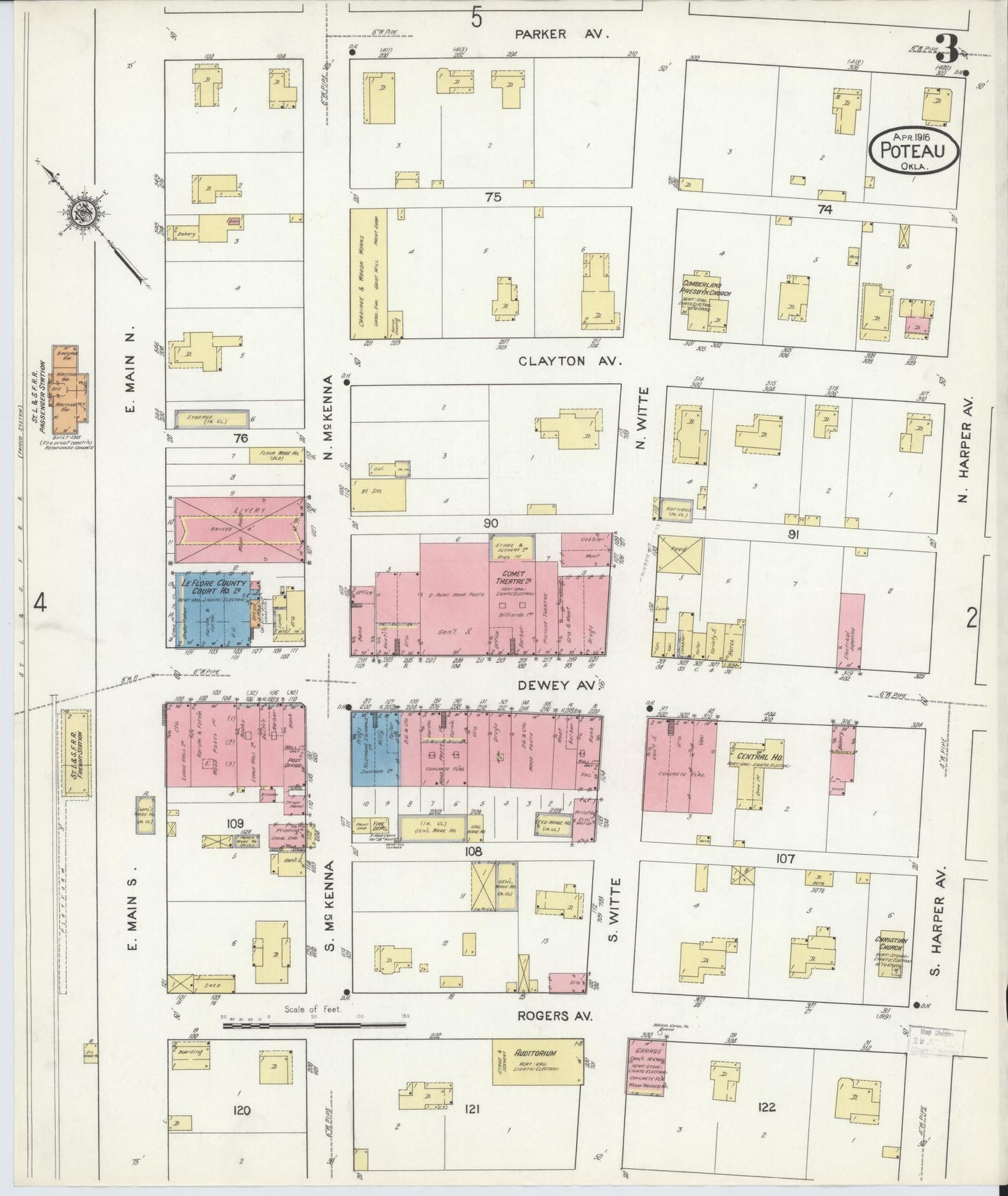 Sanborn Fire Insurance Map from Poteau, Le Flore County, Oklahoma (1916), Sheet #0003 - Historic Sanborn Fire Insurance Map Print, vintage old map wall art, antique decor, genealogy gift, Oklahoma Oklahoma map
