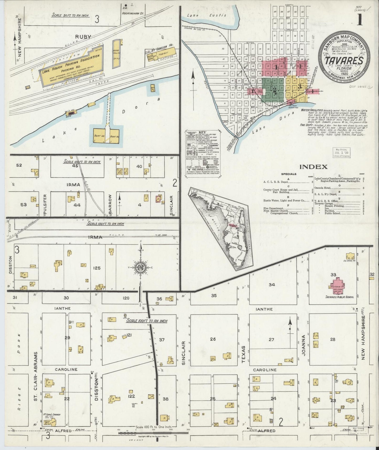 Sanborn Fire Insurance Map from Tavares, Lake County, Florida (1920), Sheet #0001 - Historic Sanborn Fire Insurance Map Print, vintage old map wall art, antique decor, genealogy gift, Florida Florida map