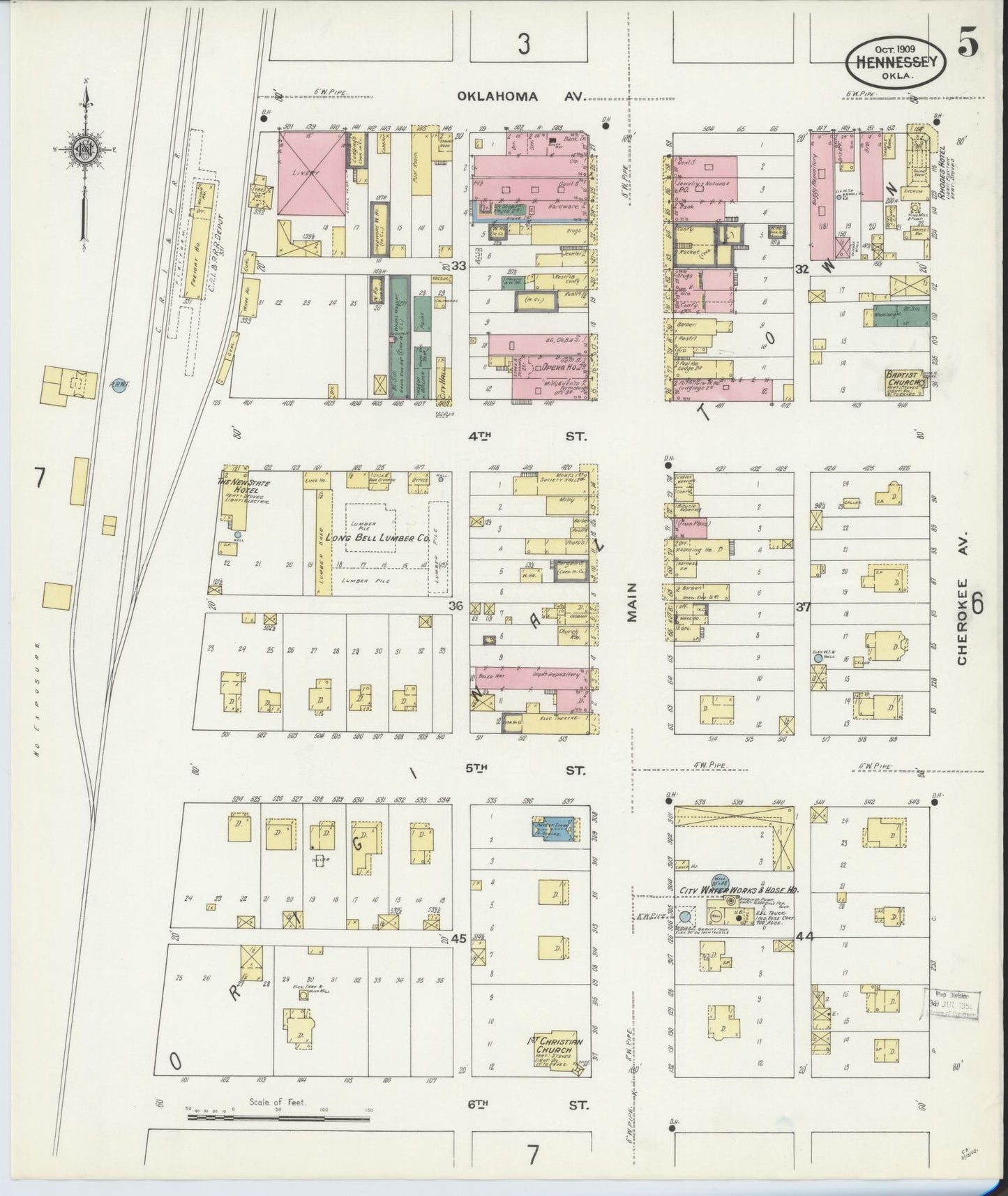 Sanborn Fire Insurance Map from Hennessey, Kingfisher County, Oklahoma (1909), Sheet #0005 - Historic Sanborn Fire Insurance Map Print, vintage old map wall art, antique decor, genealogy gift, Oklahoma Oklahoma map