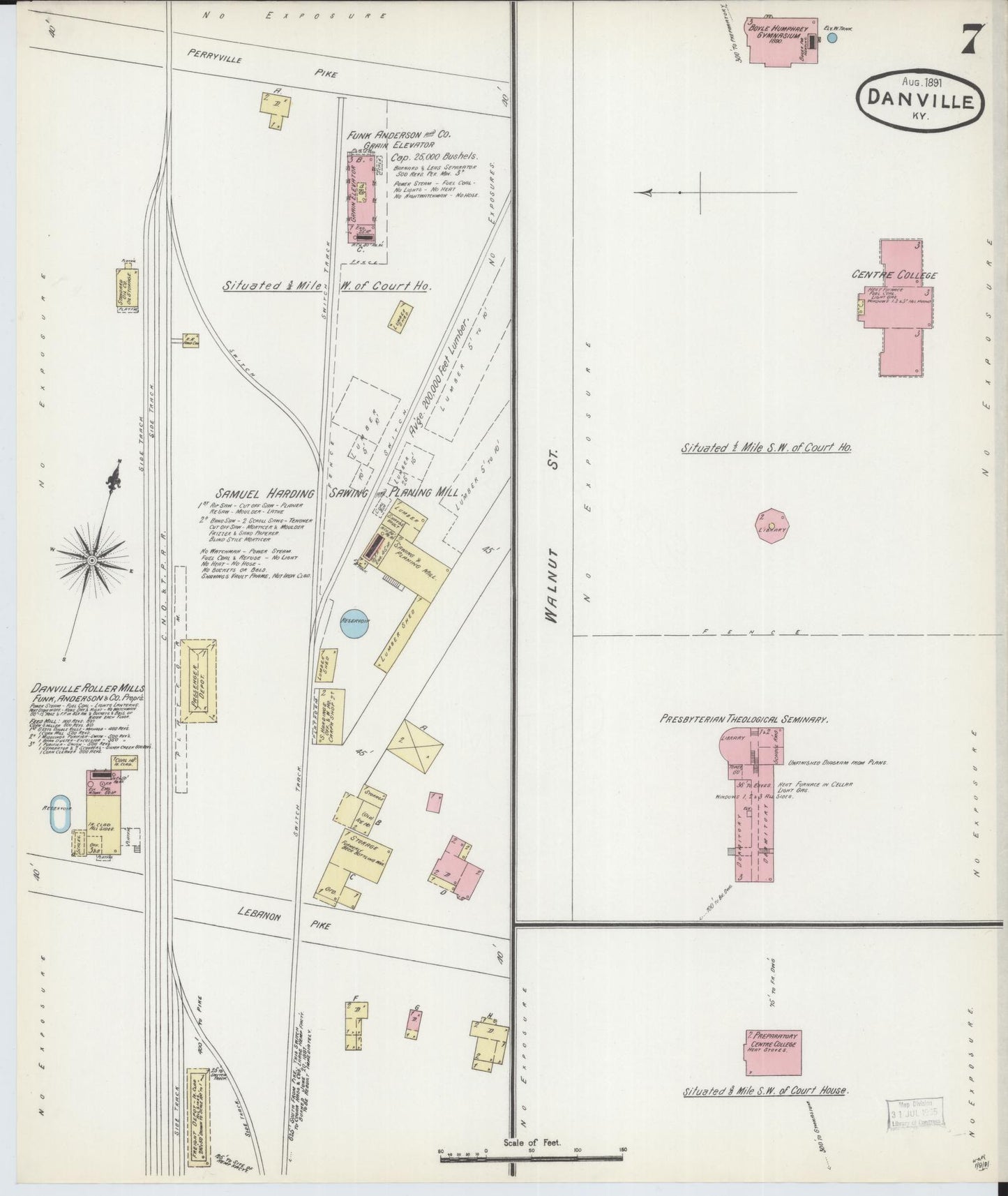 Sanborn Fire Insurance Map from Danville, Boyle County, Kentucky (1891), Sheet #0007 - Historic Sanborn Fire Insurance Map Print, vintage old map wall art, antique decor, genealogy gift, Kentucky Kentucky map