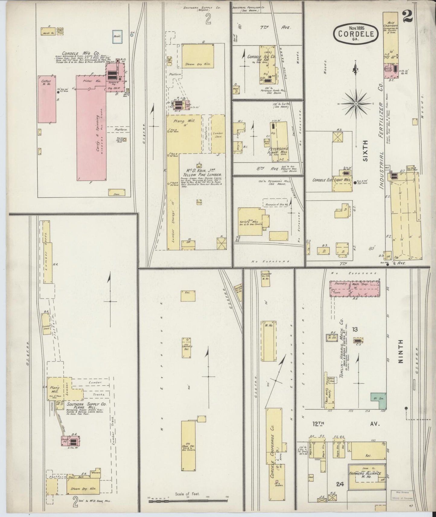 Sanborn Fire Insurance Map from Cordele, Crisp County, Georgia (1895), Sheet #0002 - Historic Sanborn Fire Insurance Map Print, vintage old map wall art, antique decor, genealogy gift, Georgia Georgia map