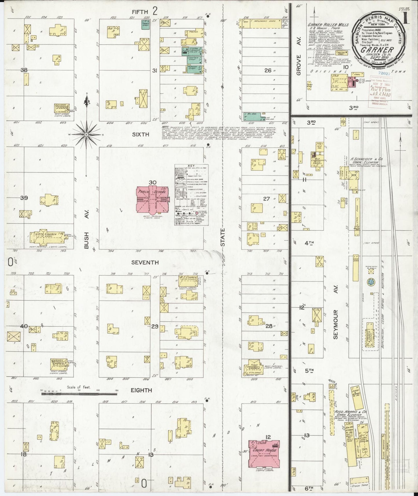 Sanborn Fire Insurance Map from Garner, Hancock County, Iowa (1900), Sheet #0001 - Historic Sanborn Fire Insurance Map Print, vintage old map wall art