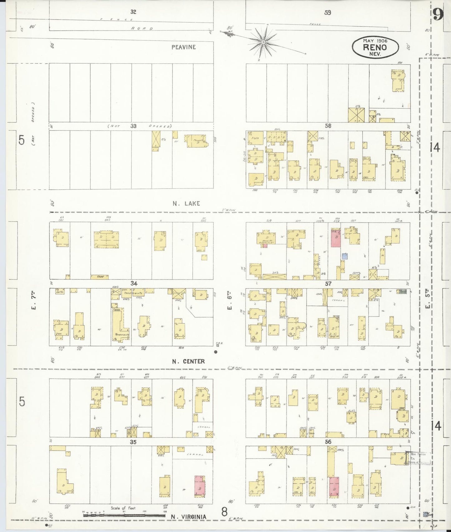 Sanborn Fire Insurance Map from Reno, Washoe County, Nevada (1906), Sheet #0009 - Historic Sanborn Fire Insurance Map Print, vintage old map wall art, antique decor, genealogy gift, Nevada Nevada map