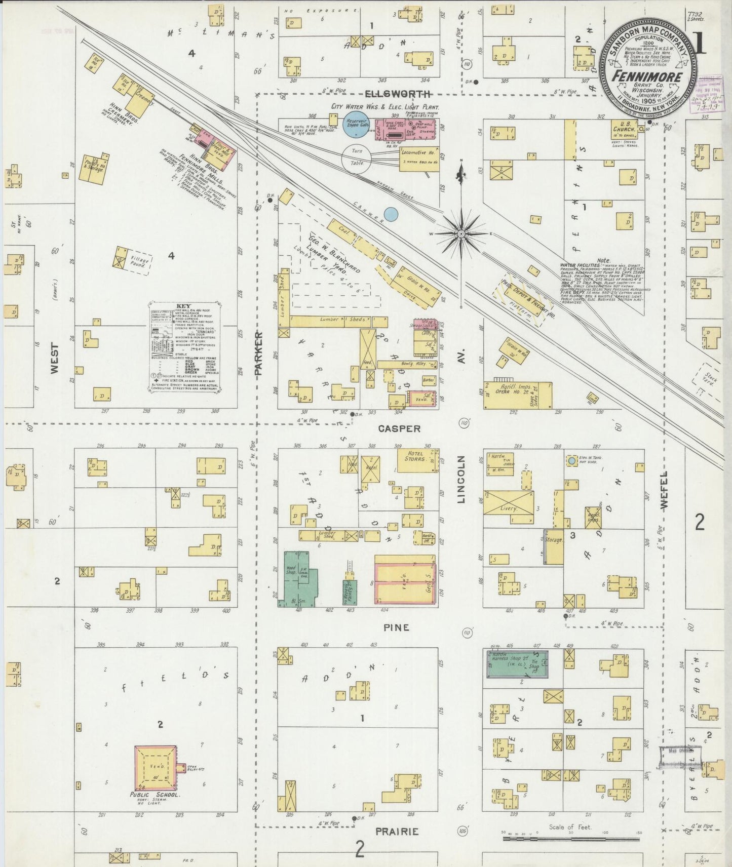 Sanborn Fire Insurance Map from Fennimore, Grant County, Wisconsin (1905), Sheet #0001 - Historic Sanborn Fire Insurance Map Print, vintage old map wall art, antique decor, genealogy gift, Wisconsin Wisconsin map