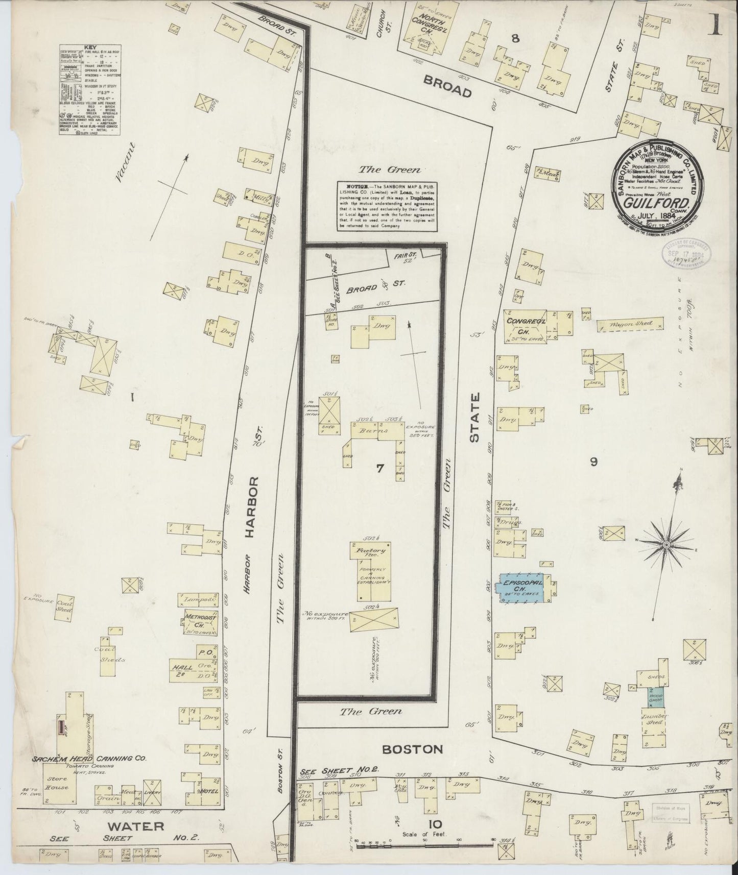 Sanborn Fire Insurance Map from Guilford, New Haven County, Connecticut (1884), Sheet #0001 - Historic Sanborn Fire Insurance Map Print, vintage old map wall art, antique decor, genealogy gift, Connecticut Connecticut map