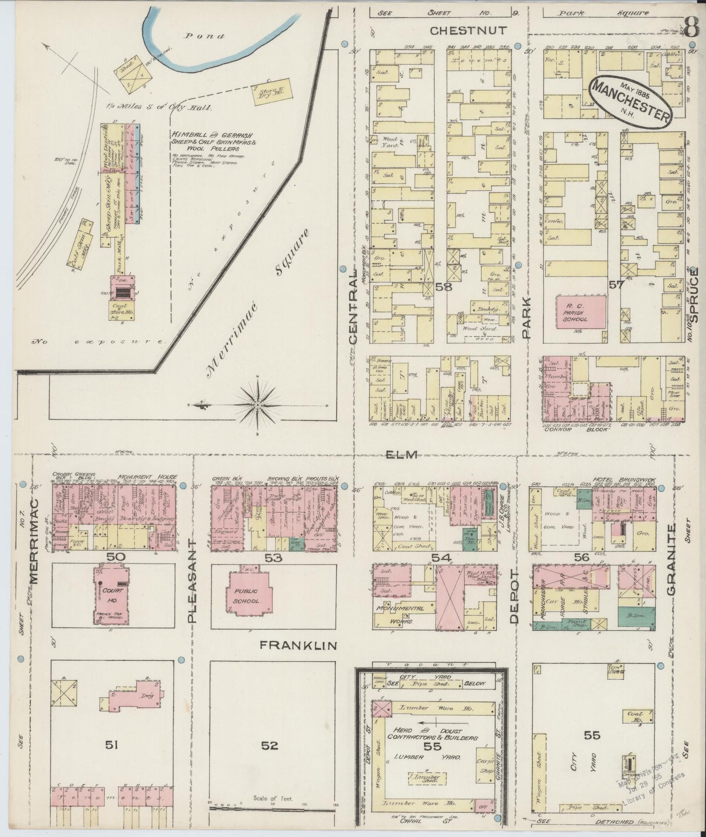 Sanborn Fire Insurance Map from Manchester, Hillsborough County, New Hampshire. (1885), Sheet 8 – Historic Sanborn Fire Insurance Map Print