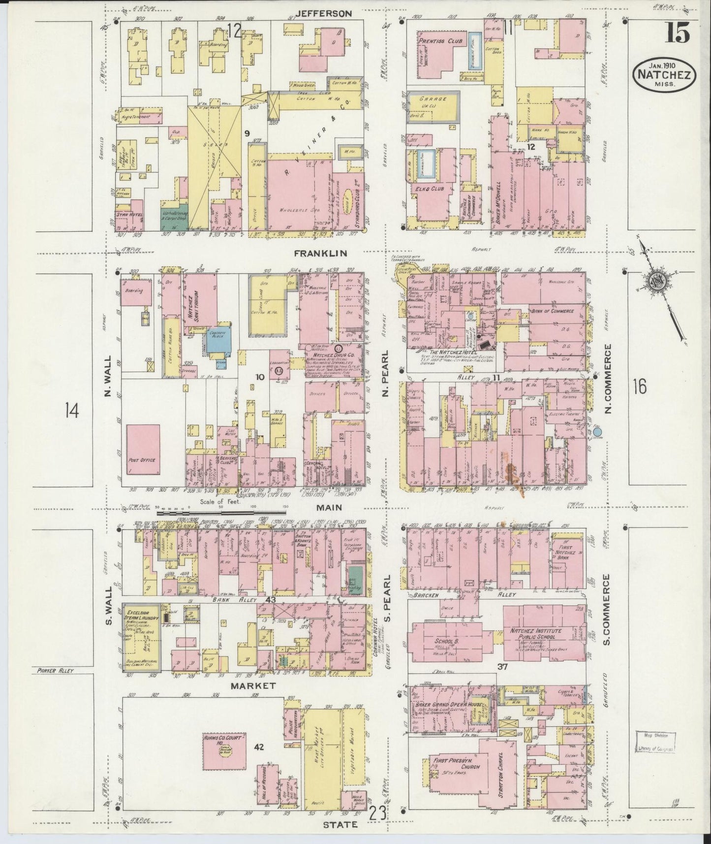 Sanborn Fire Insurance Map from Natchez, Adams County, Mississippi (1910), Sheet #0015 - Historic Sanborn Fire Insurance Map Print, vintage old map wall art, antique decor, genealogy gift, Mississippi Mississippi map