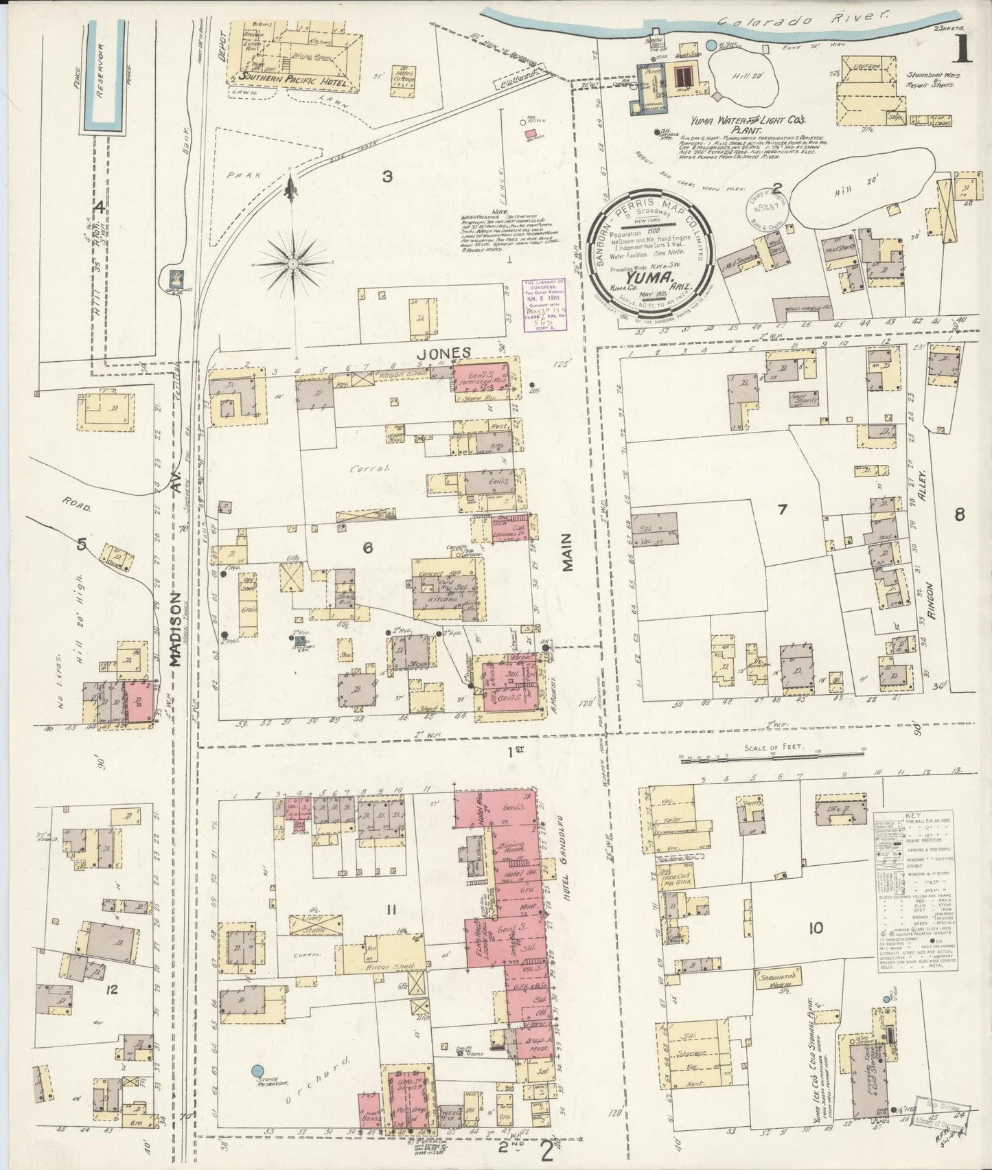 Sanborn Fire Insurance Map from Yuma, Yuma County, Arizona (1901), Sheet #0001 - Historic Sanborn Fire Insurance Map Print, vintage old map wall art, antique decor, genealogy gift, Arizona Arizona map