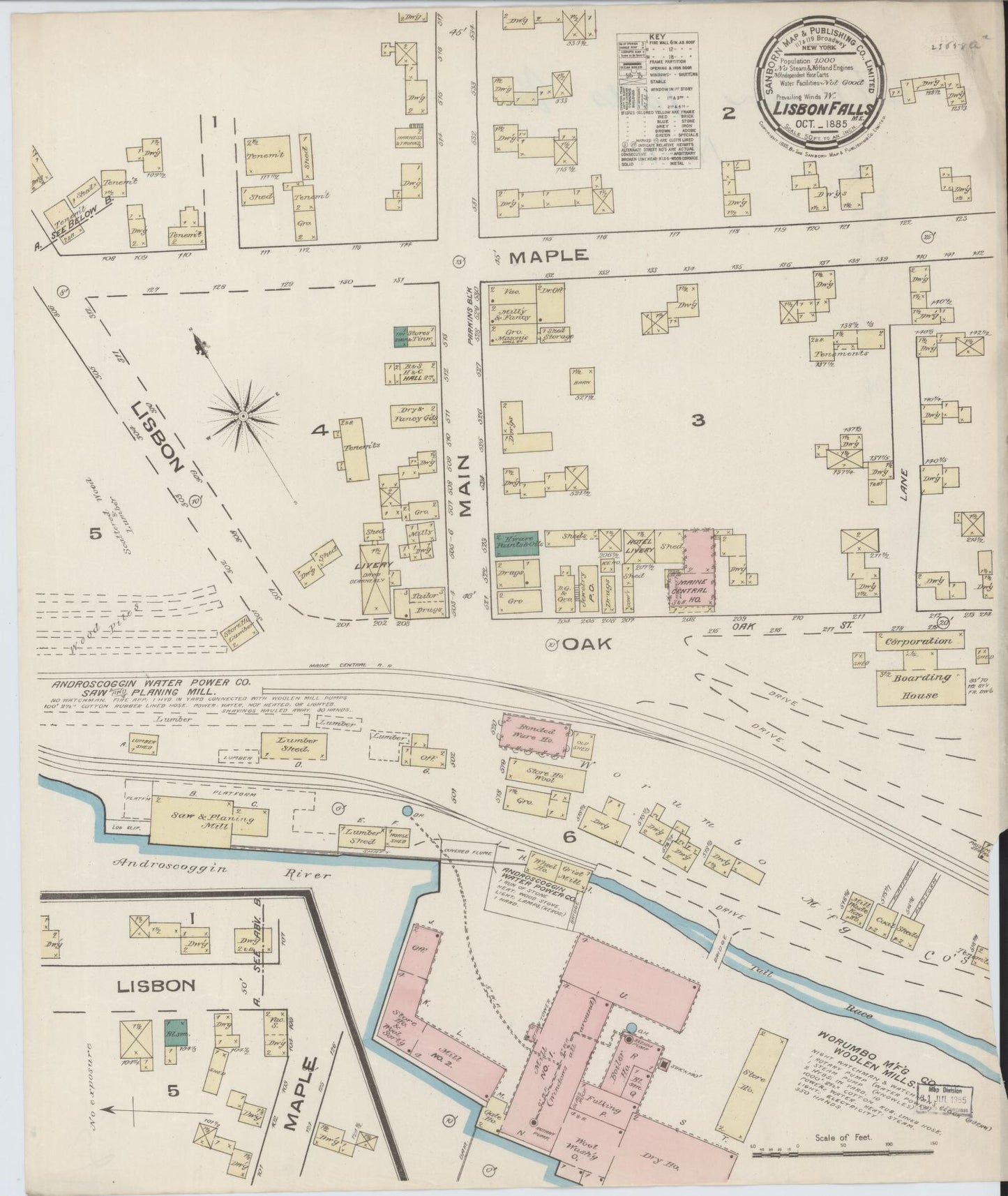 Sanborn Fire Insurance Map from Lisbon Falls, Androscoggin County, Maine. (1885) – Historic Sanborn Fire Insurance Map Print