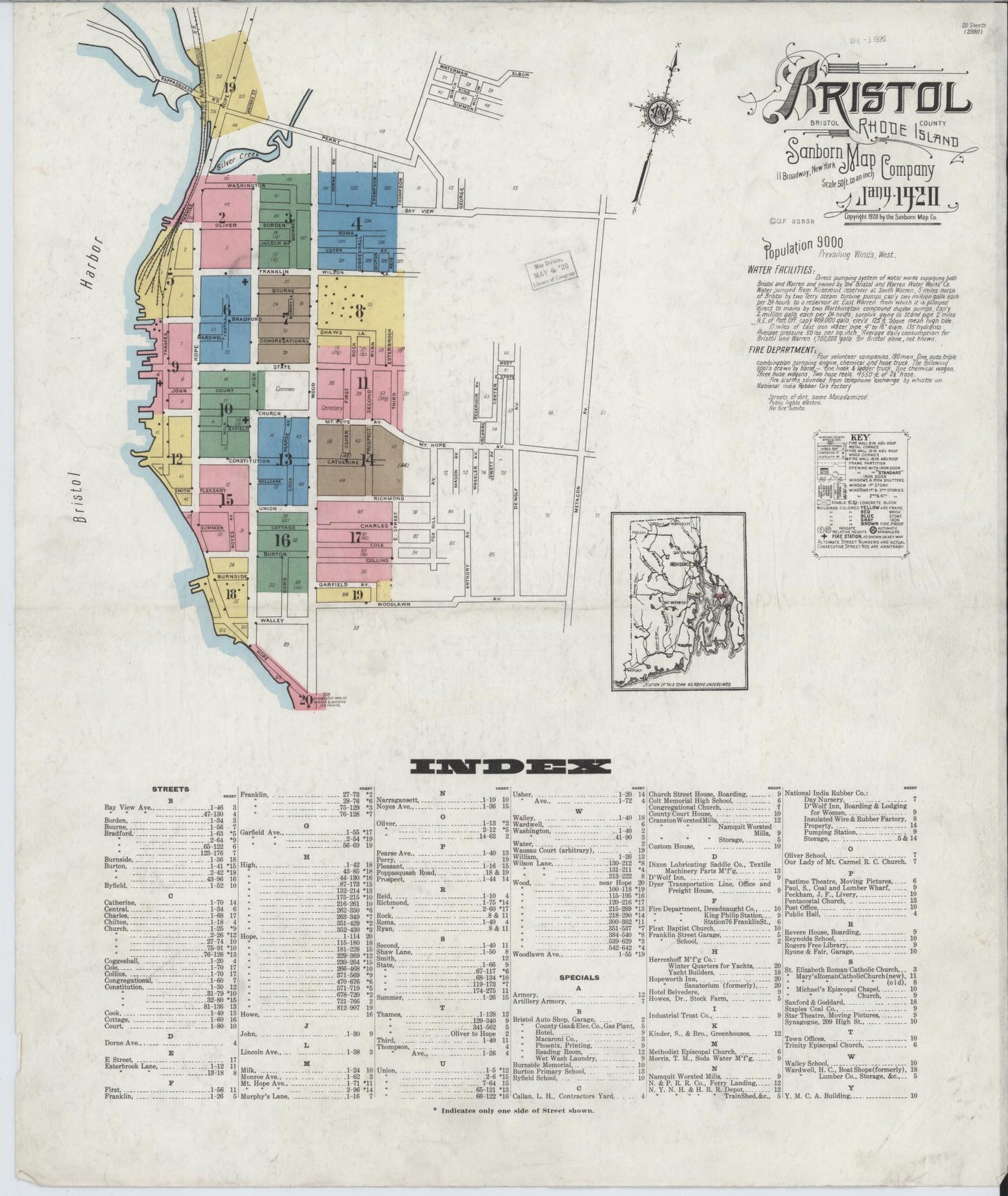 Sanborn Fire Insurance Map from Bristol, Bristol County, Rhode Island. (1920) – Historic Sanborn Fire Insurance Map Print